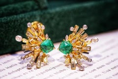 18K Gold Sugarloaf Cabochon Emerald & Crystal Earrings with Diamonds