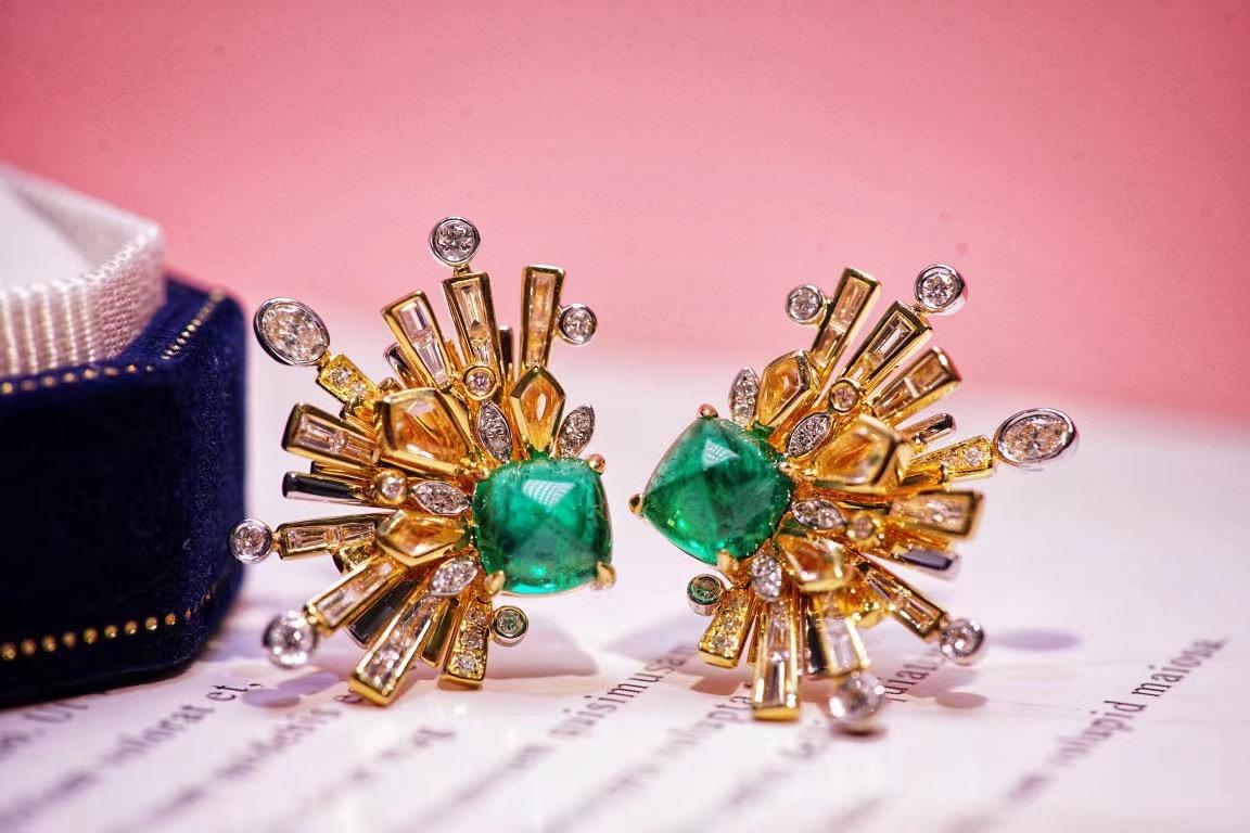 Emerald Cut 18K Gold Sugarloaf Cabochon Emerald & Crystal Earrings with Diamonds For Sale