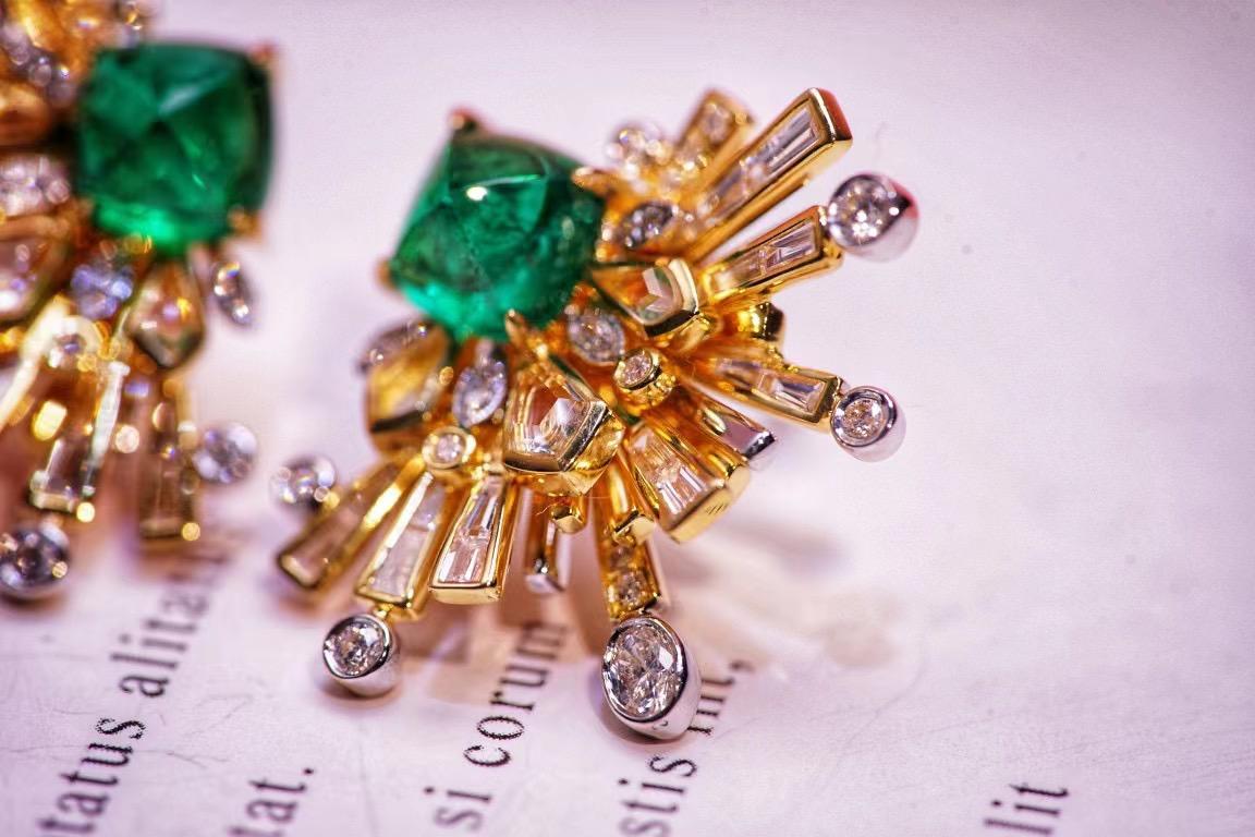 18K Gold Sugarloaf Cabochon Emerald & Crystal Earrings with Diamonds For Sale 2