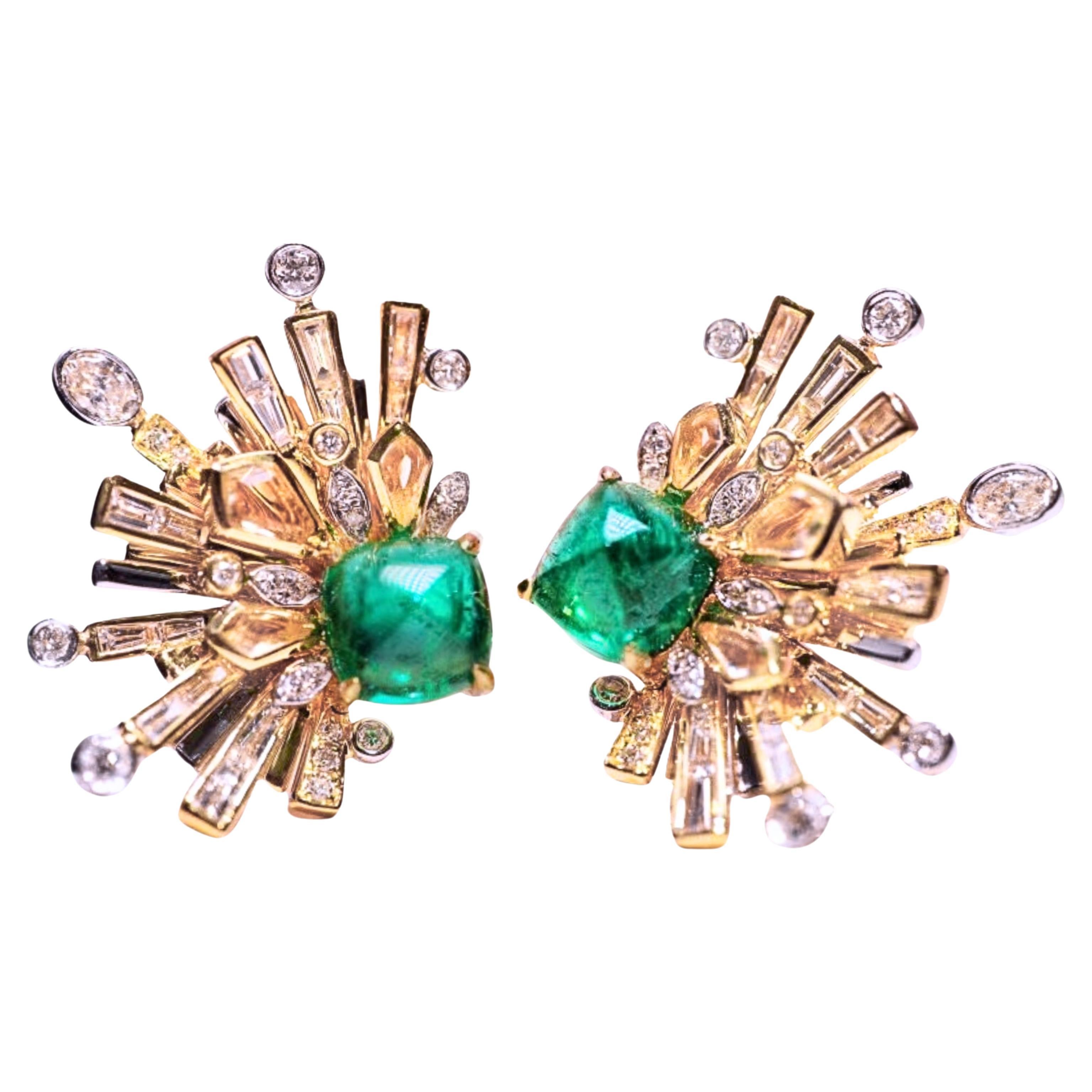 18K Gold Sugarloaf Cabochon Emerald & Crystal Earrings with Diamonds