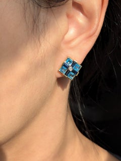 18k Gold Swiss Blue Topaz & Sapphire Diamond Earrings Square Baguet Cut