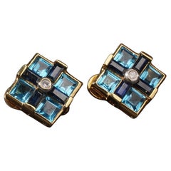 18k Gold Swiss Blue Topaz & Sapphire Diamond Earrings Square Baguet Cut