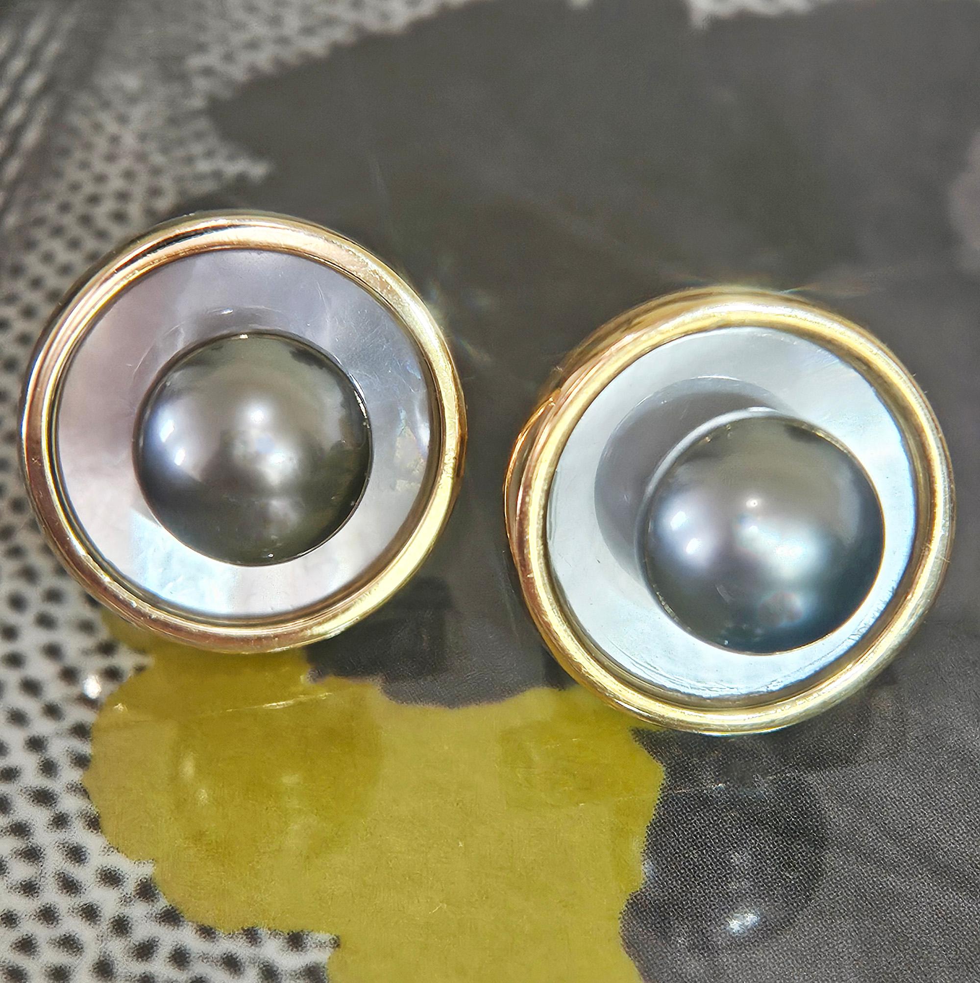 18 Karat Gold Tahiti- und Perlmutt-Ohrringe & Perlmutt-Anhänger Slide-Schmuck Vintage Set im Angebot 5