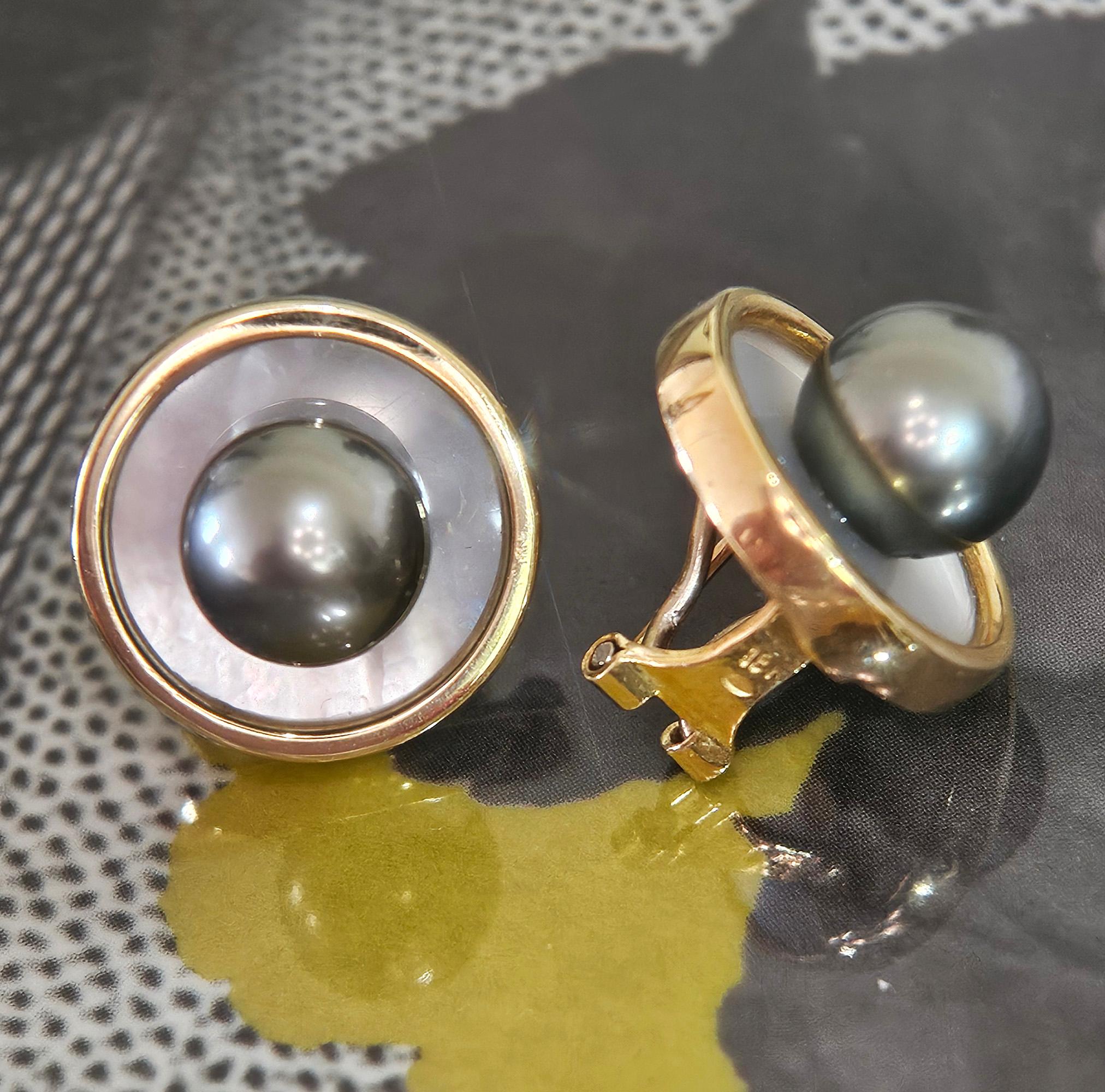 18 Karat Gold Tahiti- und Perlmutt-Ohrringe & Perlmutt-Anhänger Slide-Schmuck Vintage Set im Angebot 6
