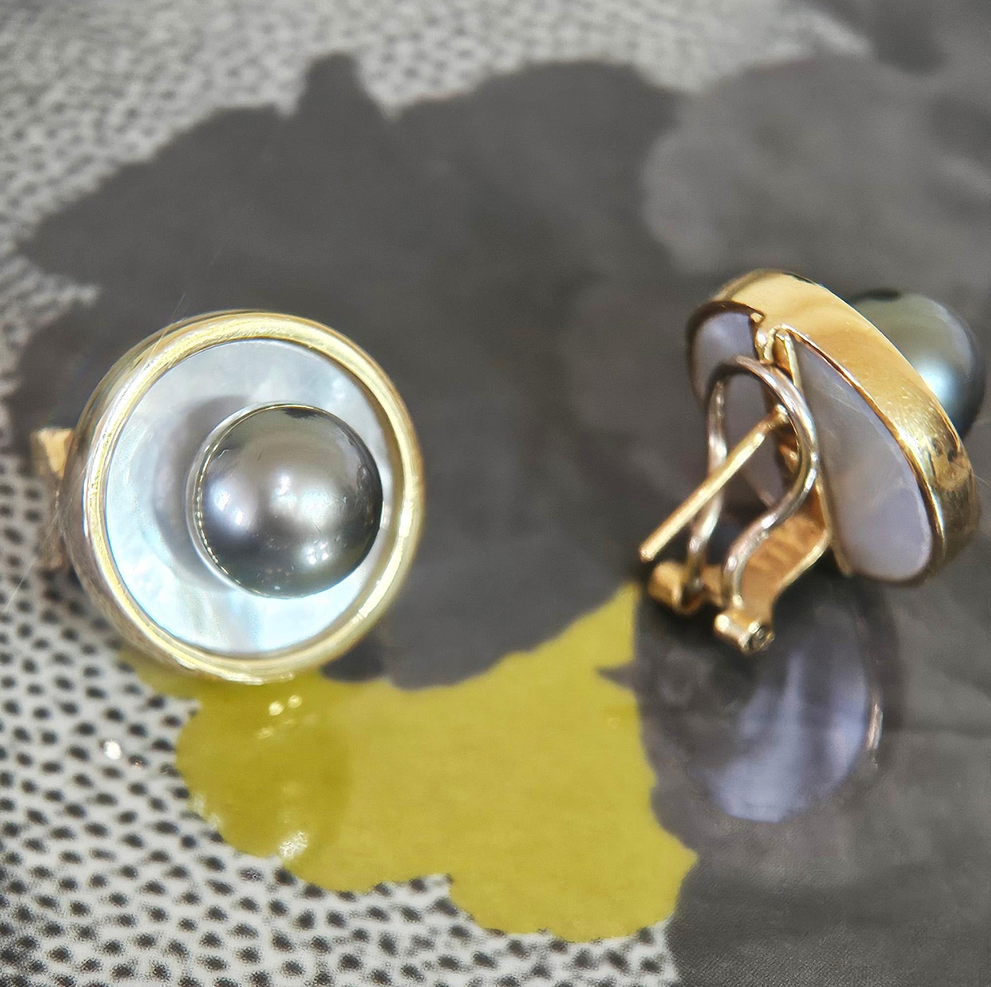 18 Karat Gold Tahiti- und Perlmutt-Ohrringe & Perlmutt-Anhänger Slide-Schmuck Vintage Set im Angebot 7