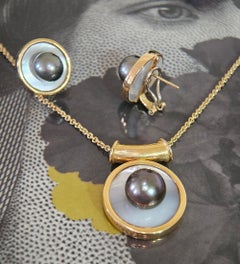 18K Gold Tahitian & Mother of Pearl Earrings & Pendant Slide Jewelry Vintage Set