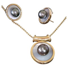 18K Gold Tahitian & Mother of Pearl Earrings & Pendant Slide Jewelry Vintage Set