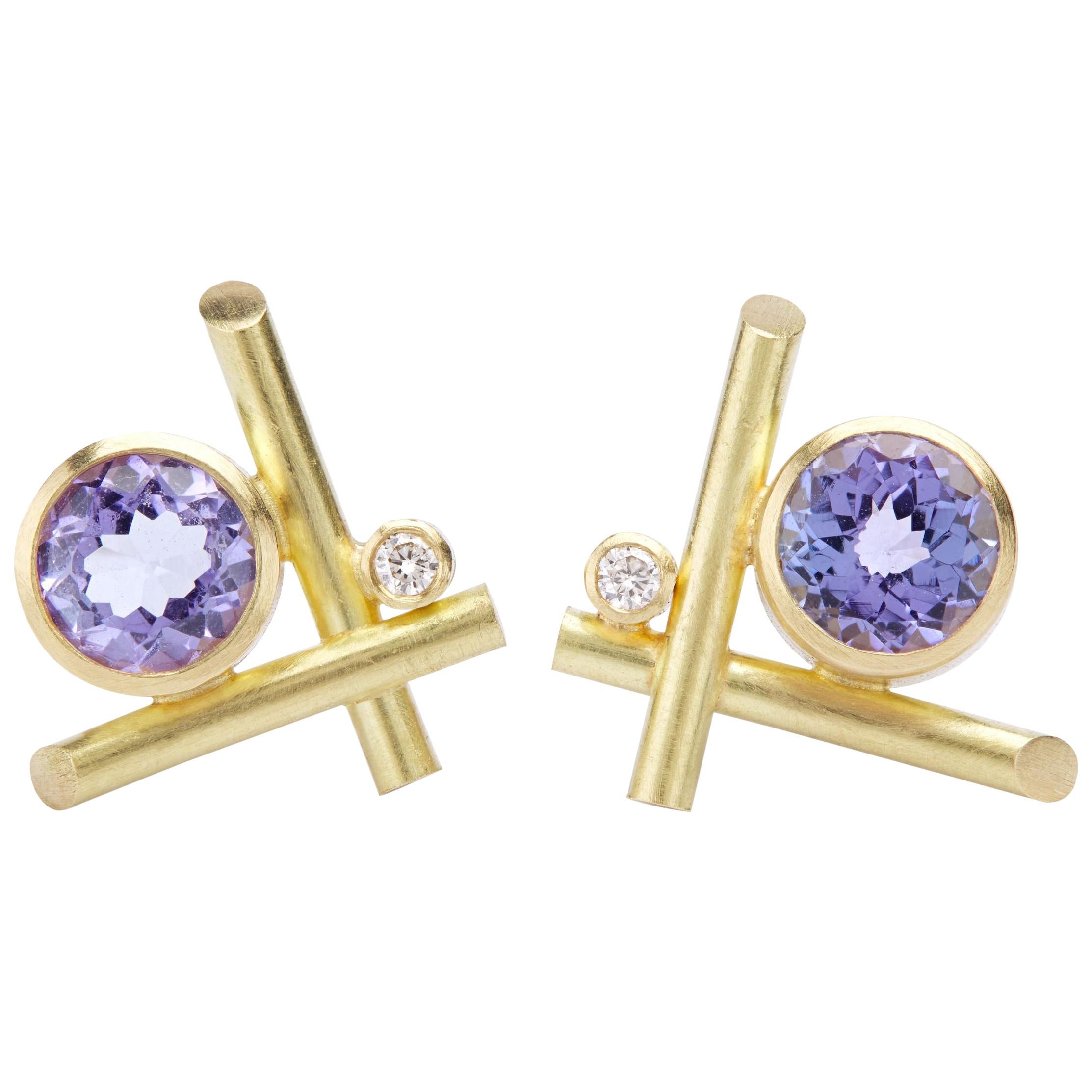 18K Gold, Tanzanite, and Diamond Crisscross Stud Pierced Earrings For Sale