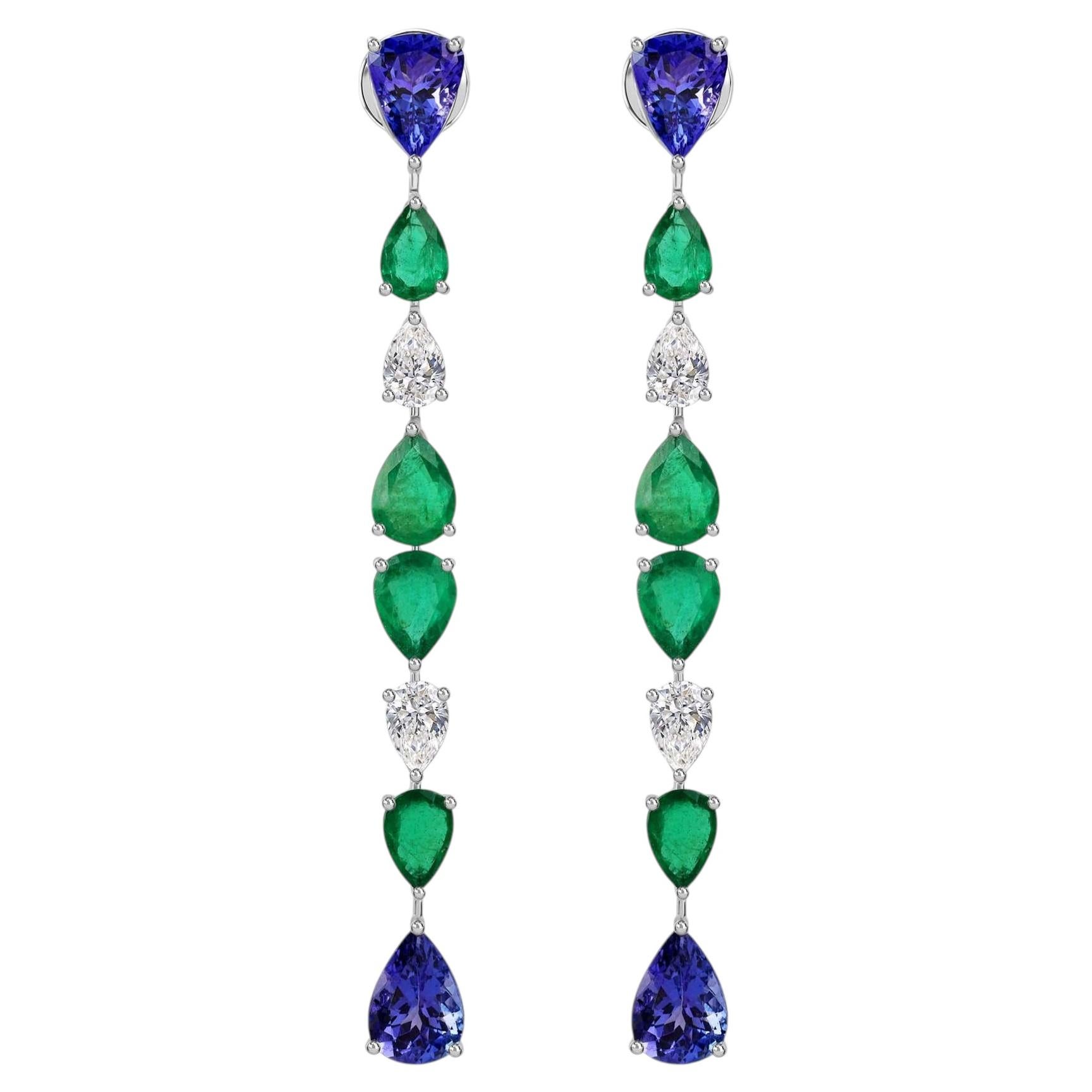18k White Gold Tanzanite Zambian Emerald Drops with White Diamonds Fine Jewelry