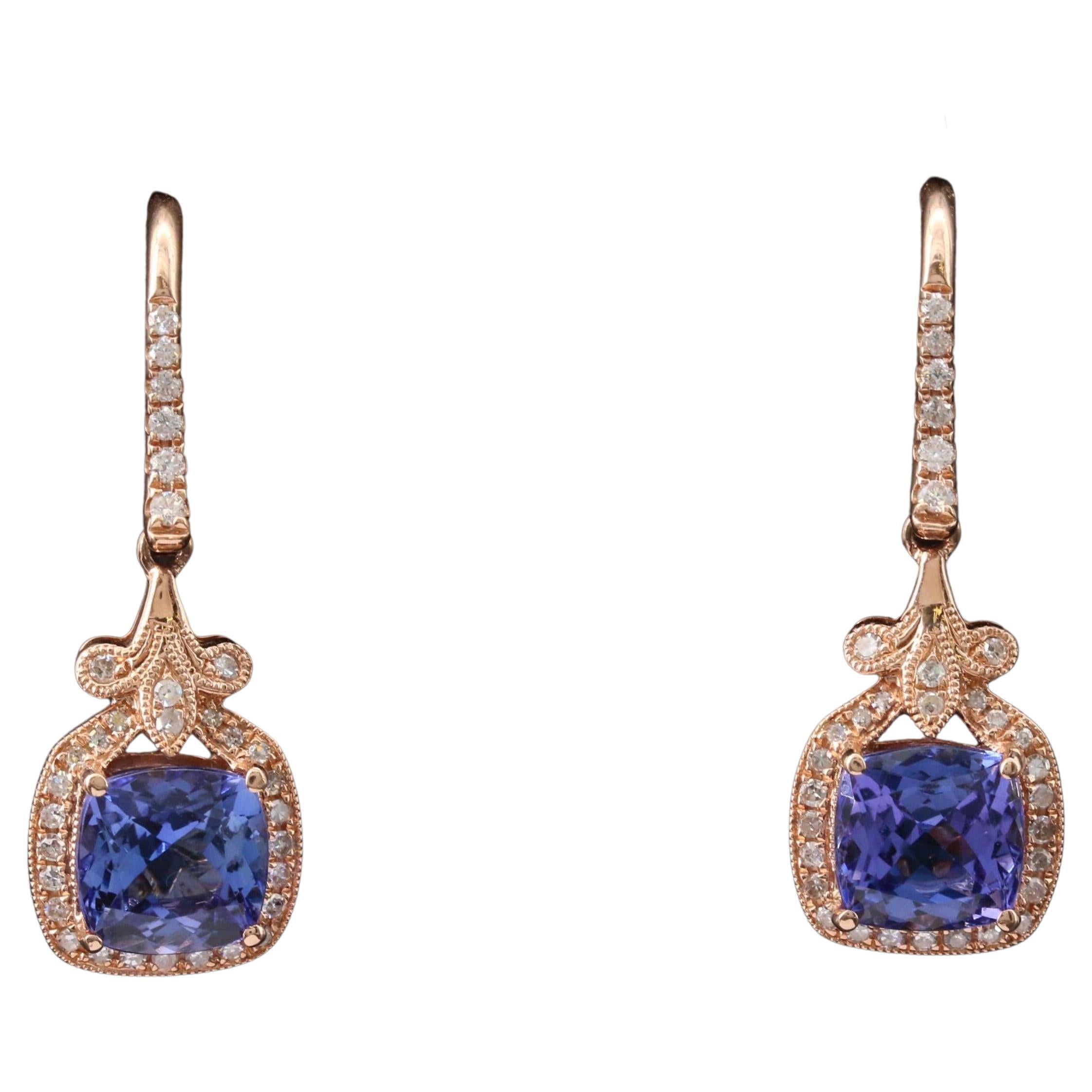 Solid Gold Tanzanite and Diamonds Dangle Earrings, Cute Earrings for
