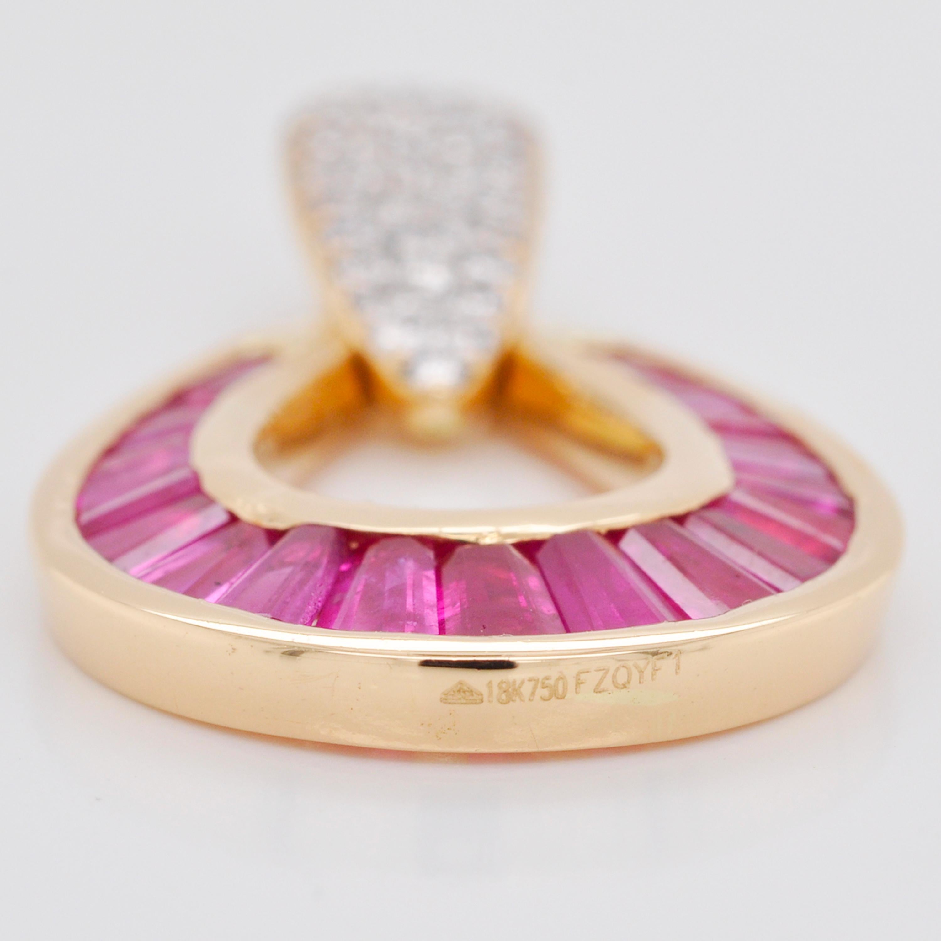 18K Gold Taper Baguette Calibre Cut Ruby Diamond Tear-Drop Pendant Necklace For Sale 2