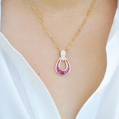 18K Gold Taper Baguette Calibre Cut Ruby Diamond Tear-Drop Pendant Necklace