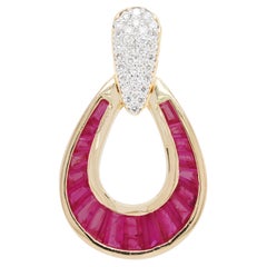 18K Gold Taper Baguette Calibre Cut Ruby Diamond Tear-Drop Pendant Necklace
