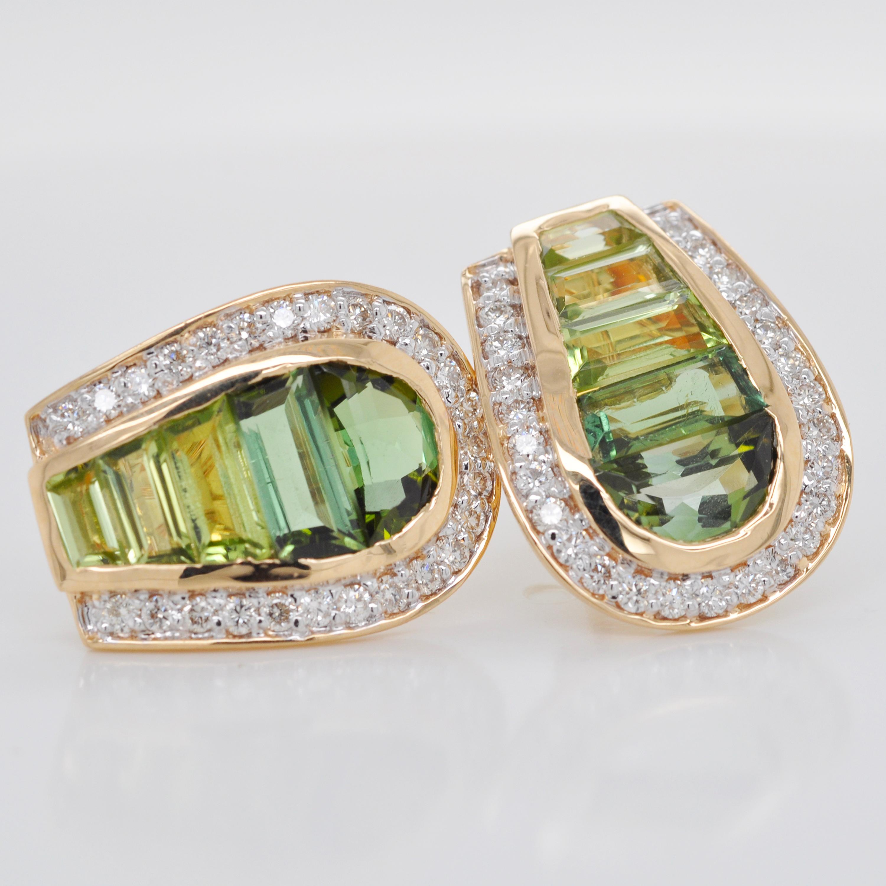 Tapered Baguette 18K Gold Taper Baguette Green Tourmaline Peridot Diamond Pendant Earrings Set For Sale