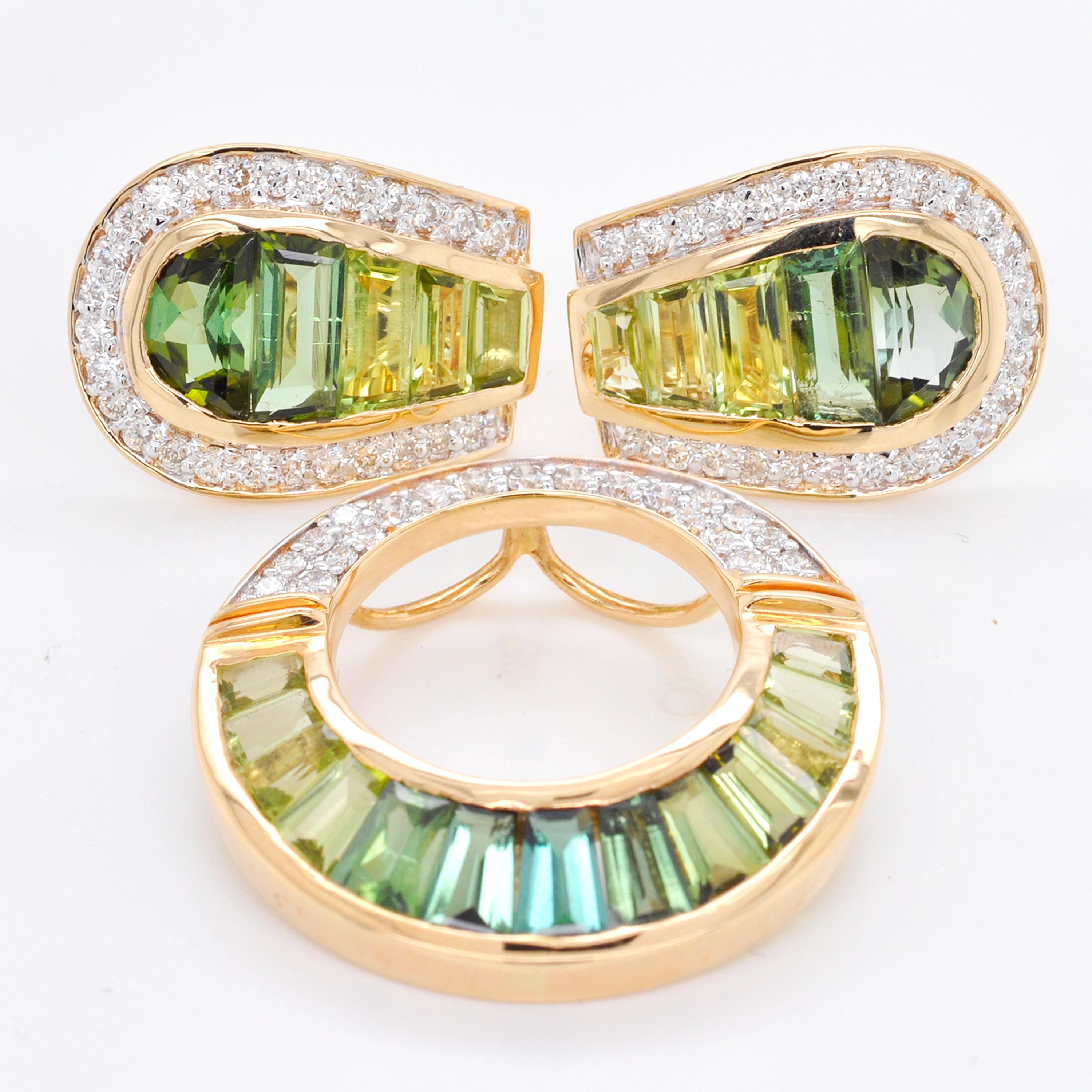 18K Gold Taper Baguette Green Tourmaline Peridot Diamond Pendant Earrings Set For Sale 1