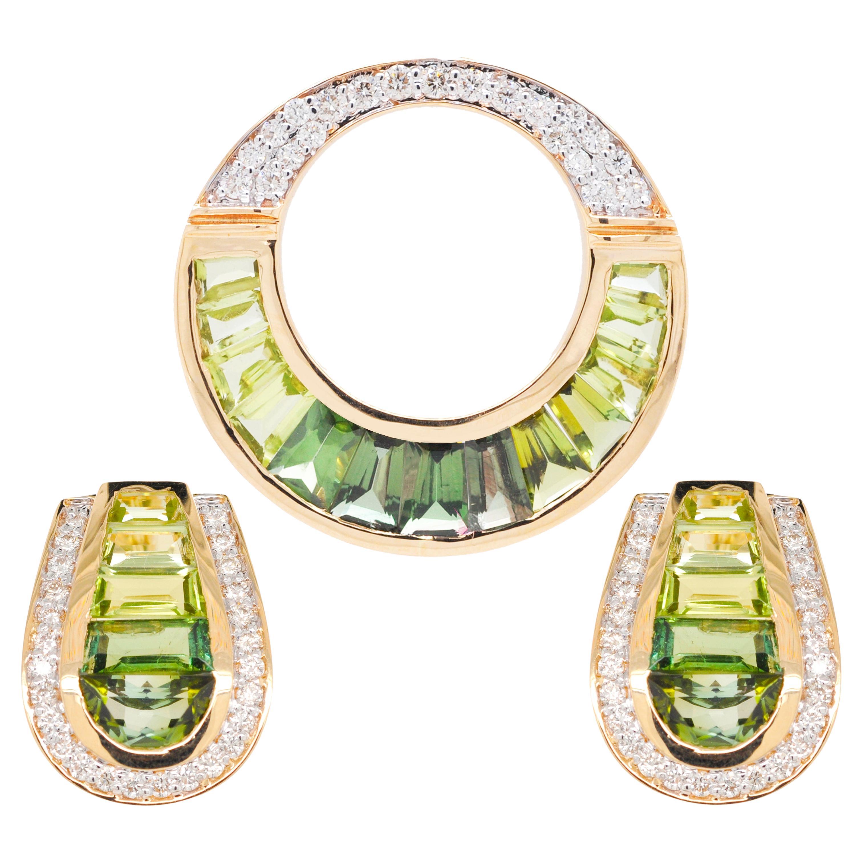 18 Karat Gold Taper Baguette Grüner Turmalin Peridot Diamant-Anhänger Ohrringe Set