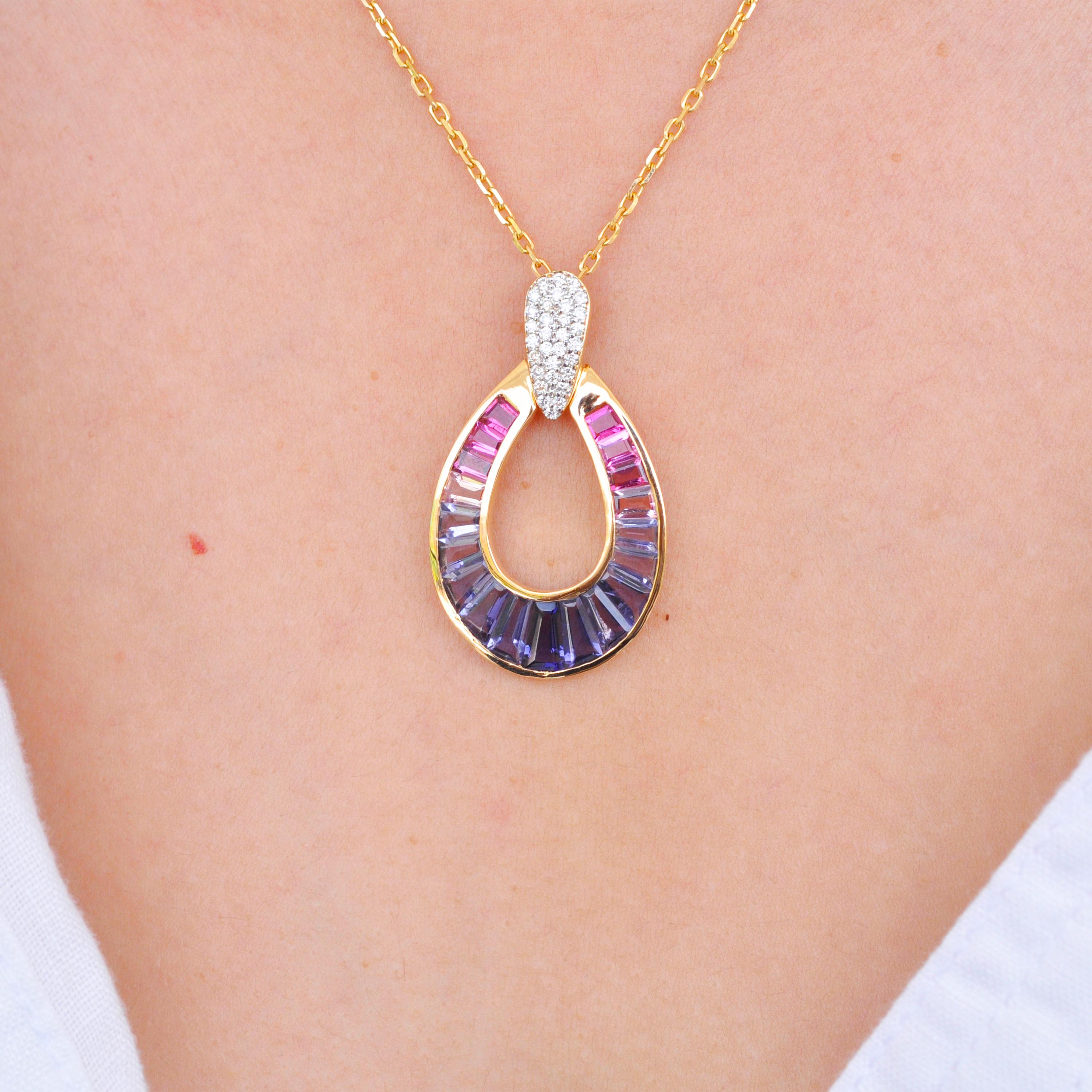 18K Gold Taper Baguette Iolite Pink Tourmaline Raindrop Diamond Pendant Necklace For Sale 4