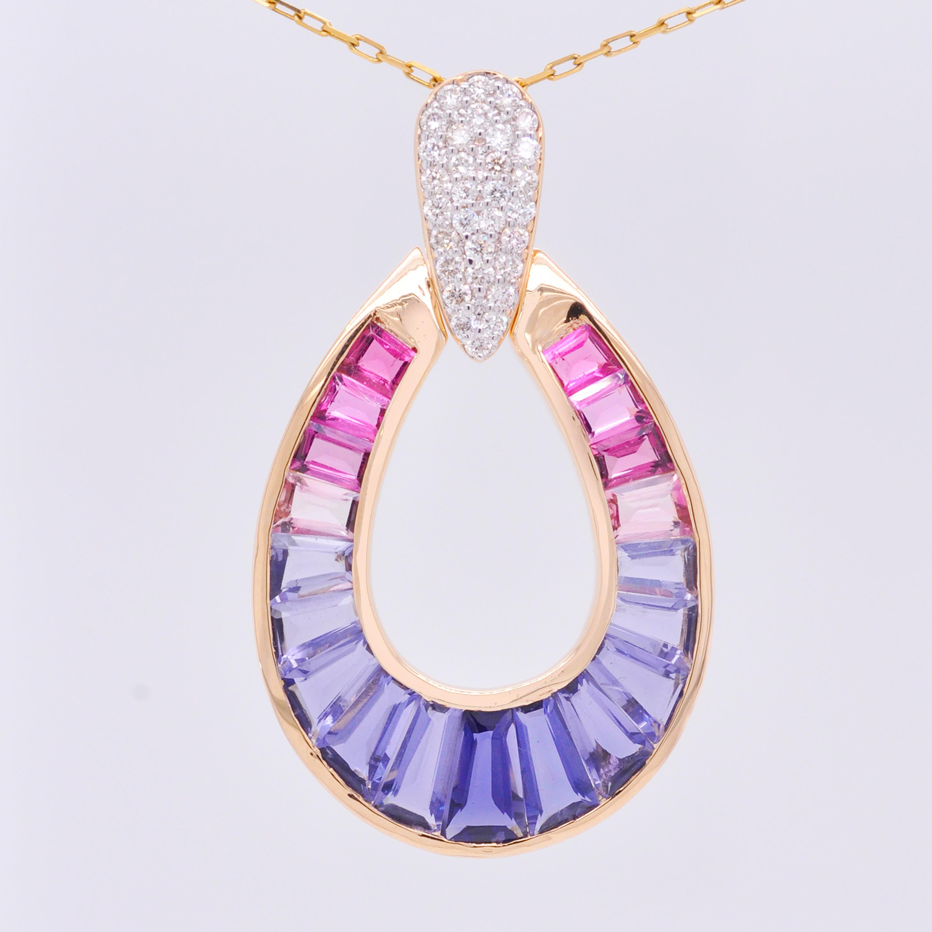 18K Gold Taper Baguette Iolite Pink Tourmaline Raindrop Diamond Pendant Necklace For Sale 5