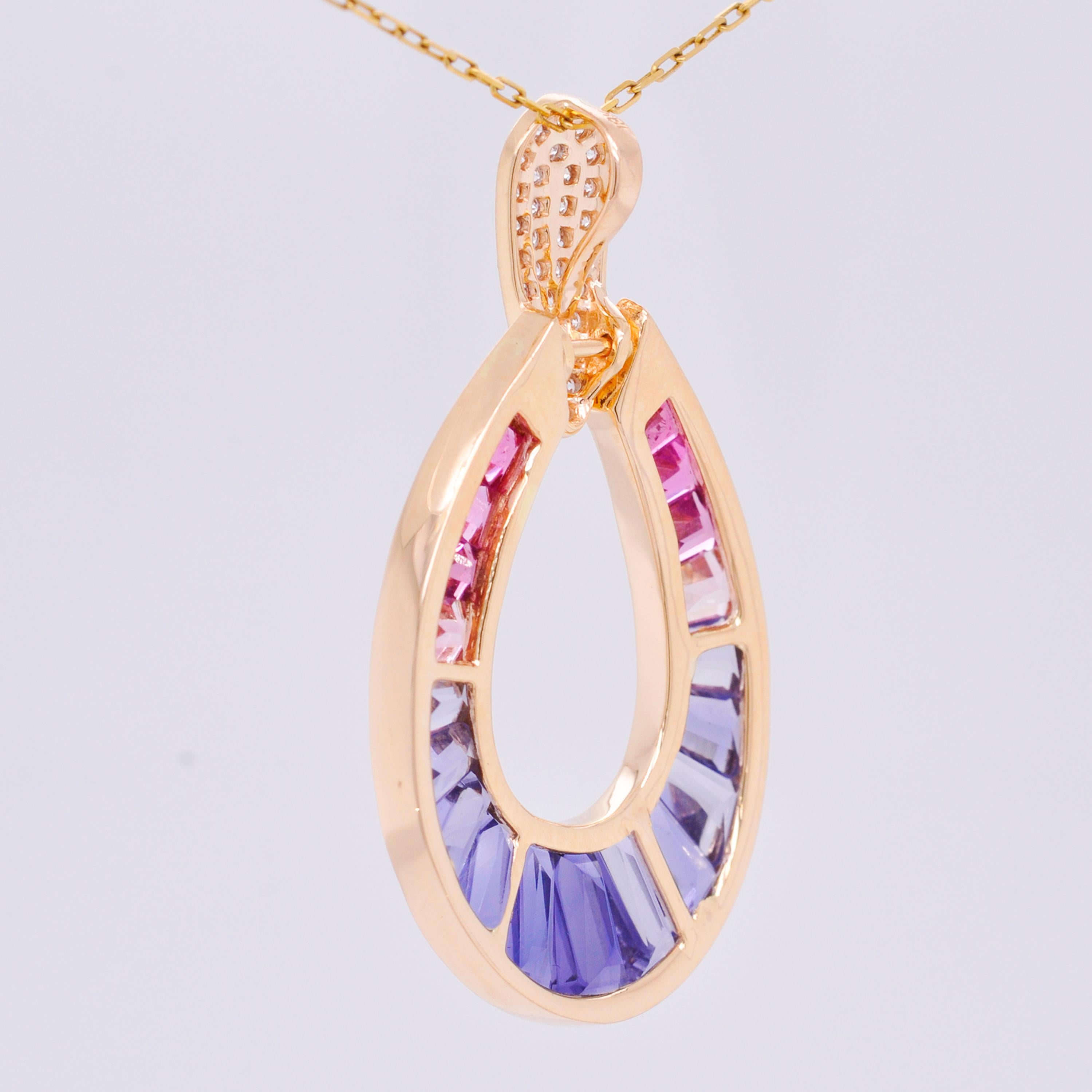 18K Gold Taper Baguette Iolite Pink Tourmaline Raindrop Diamond Pendant Necklace For Sale 6