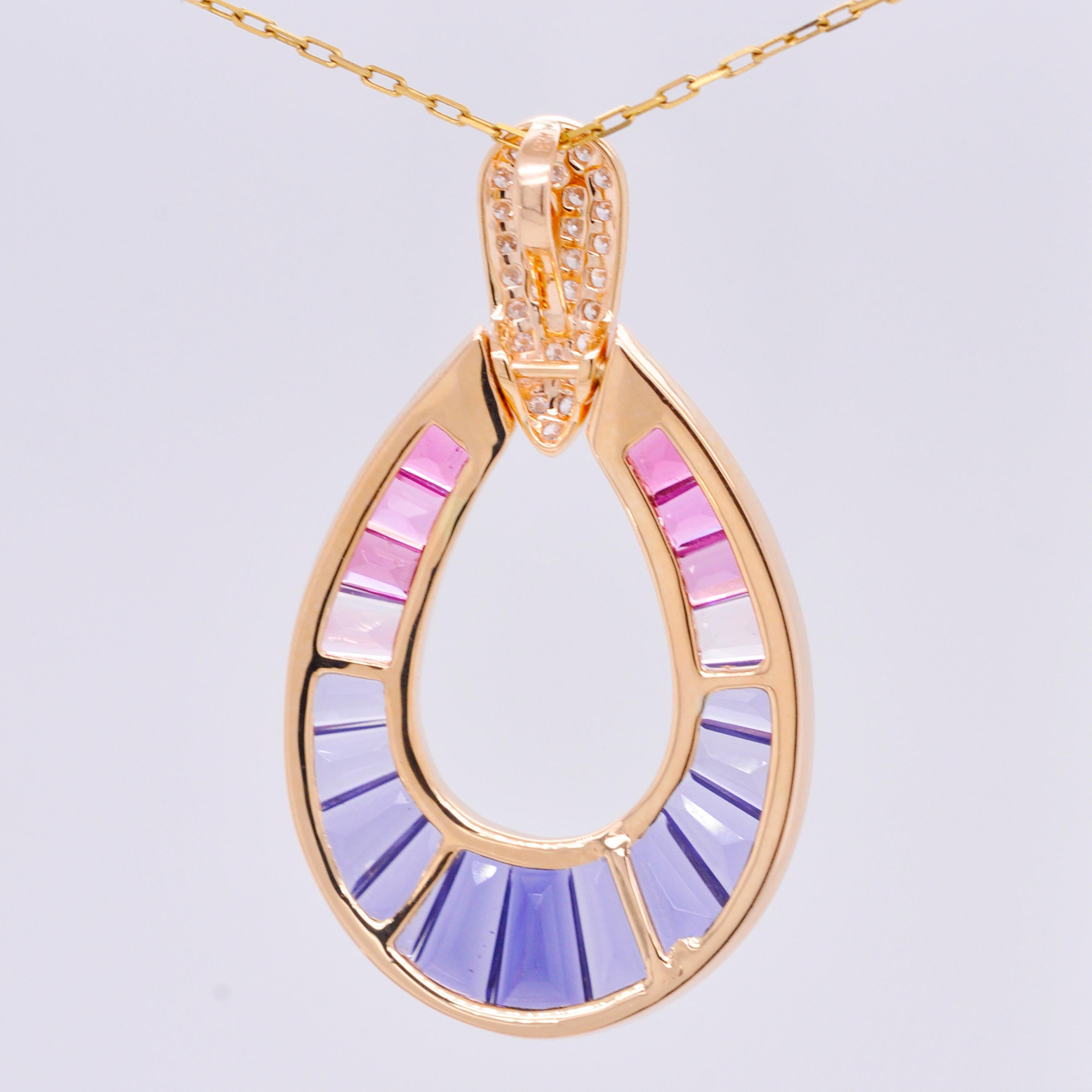 18K Gold Taper Baguette Iolite Pink Tourmaline Raindrop Diamond Pendant Necklace For Sale 7