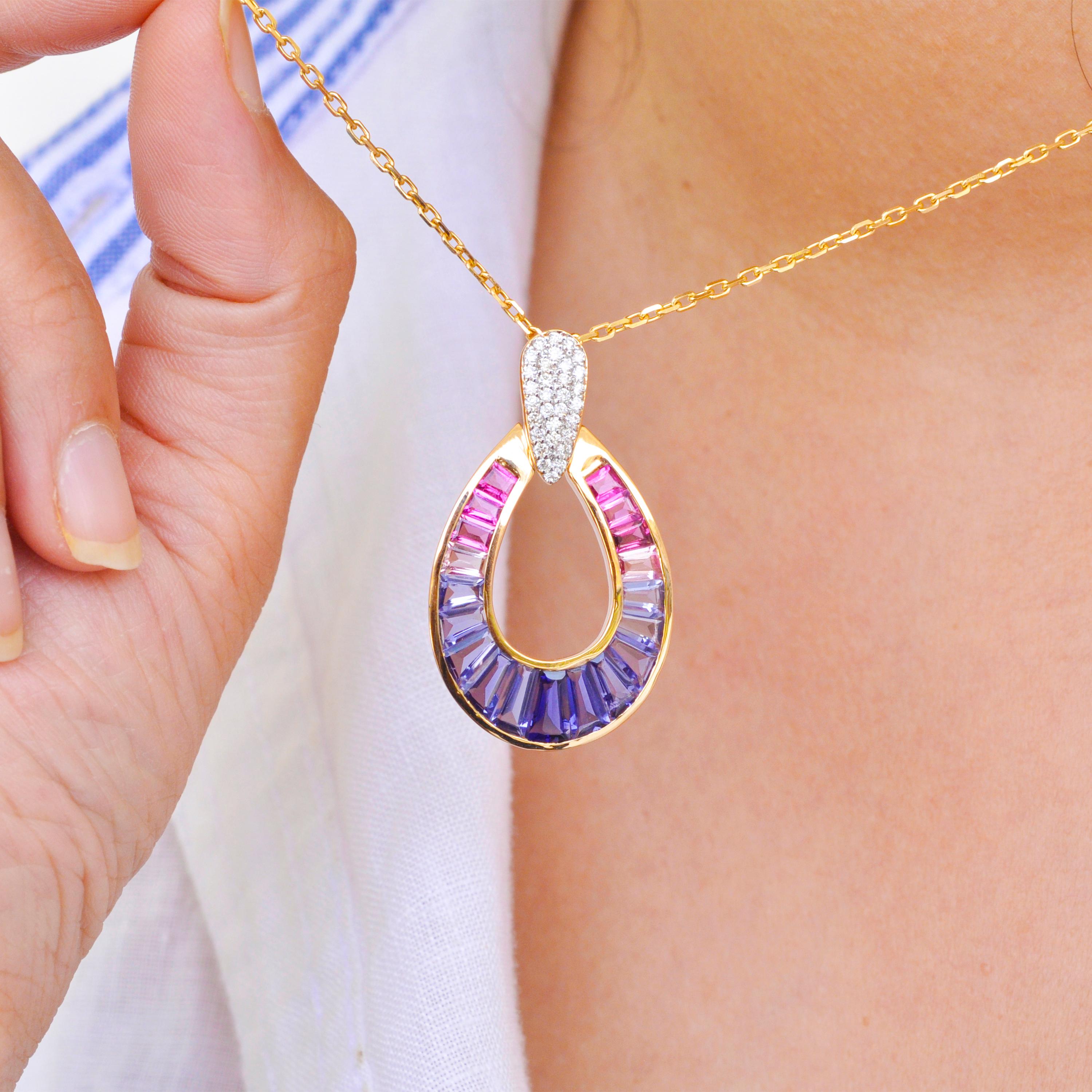 18 karat gold taper baguette Iolite pink tourmaline raindrop diamond pendant necklace

Art, color and culture all come together to inspire this 18 karat gold taper baguette Iolite Pink Tourmaline raindrop diamond pendant necklace, which showcases