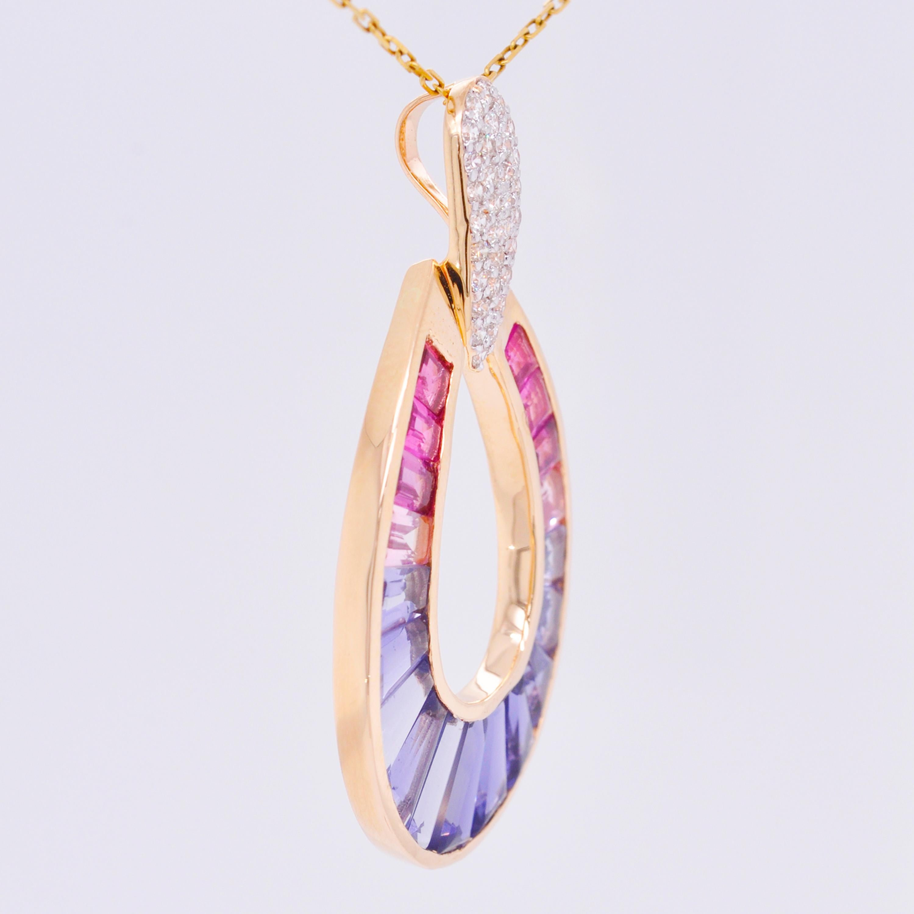 Tapered Baguette 18K Gold Taper Baguette Iolite Pink Tourmaline Raindrop Diamond Pendant Necklace For Sale
