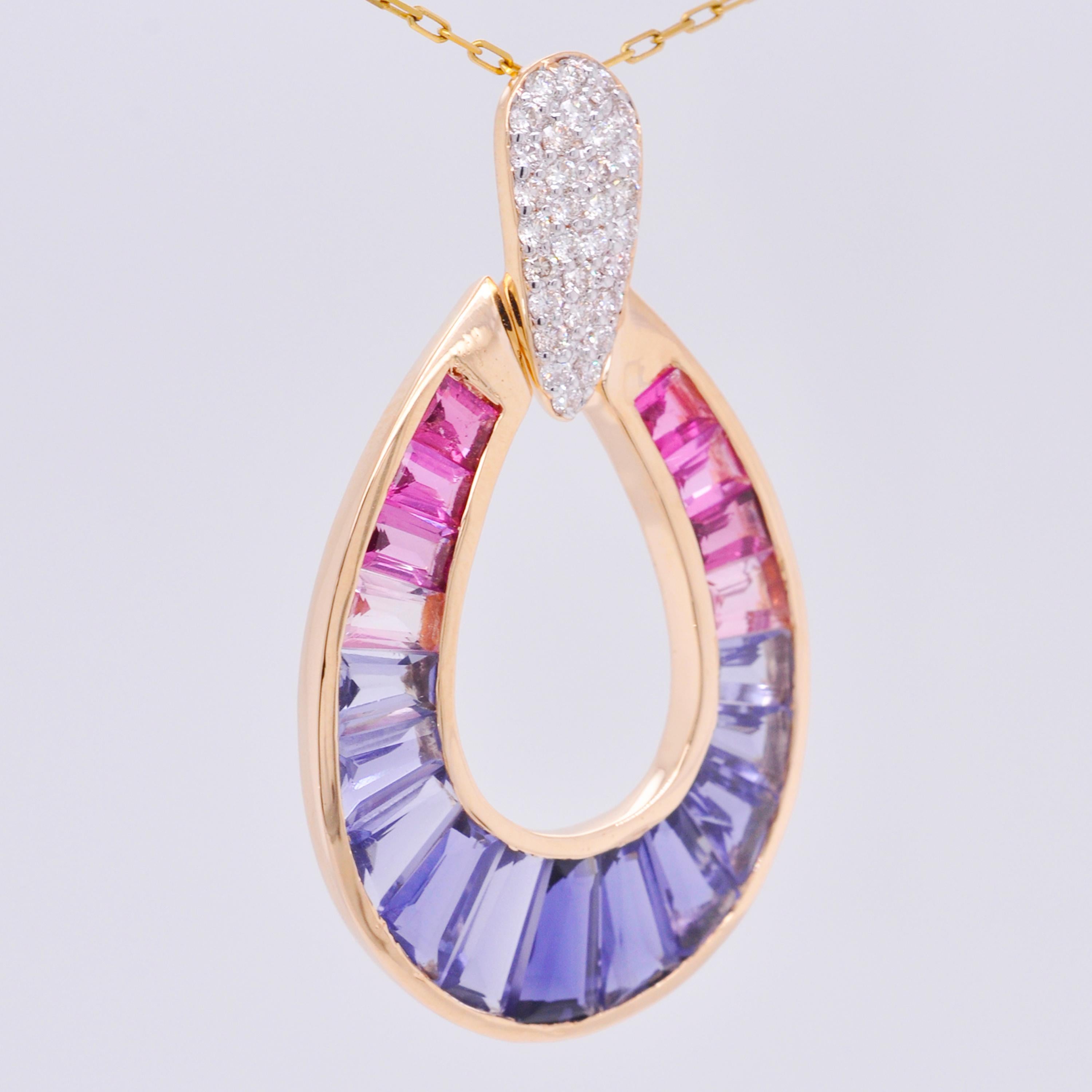 Women's 18K Gold Taper Baguette Iolite Pink Tourmaline Raindrop Diamond Pendant Necklace For Sale