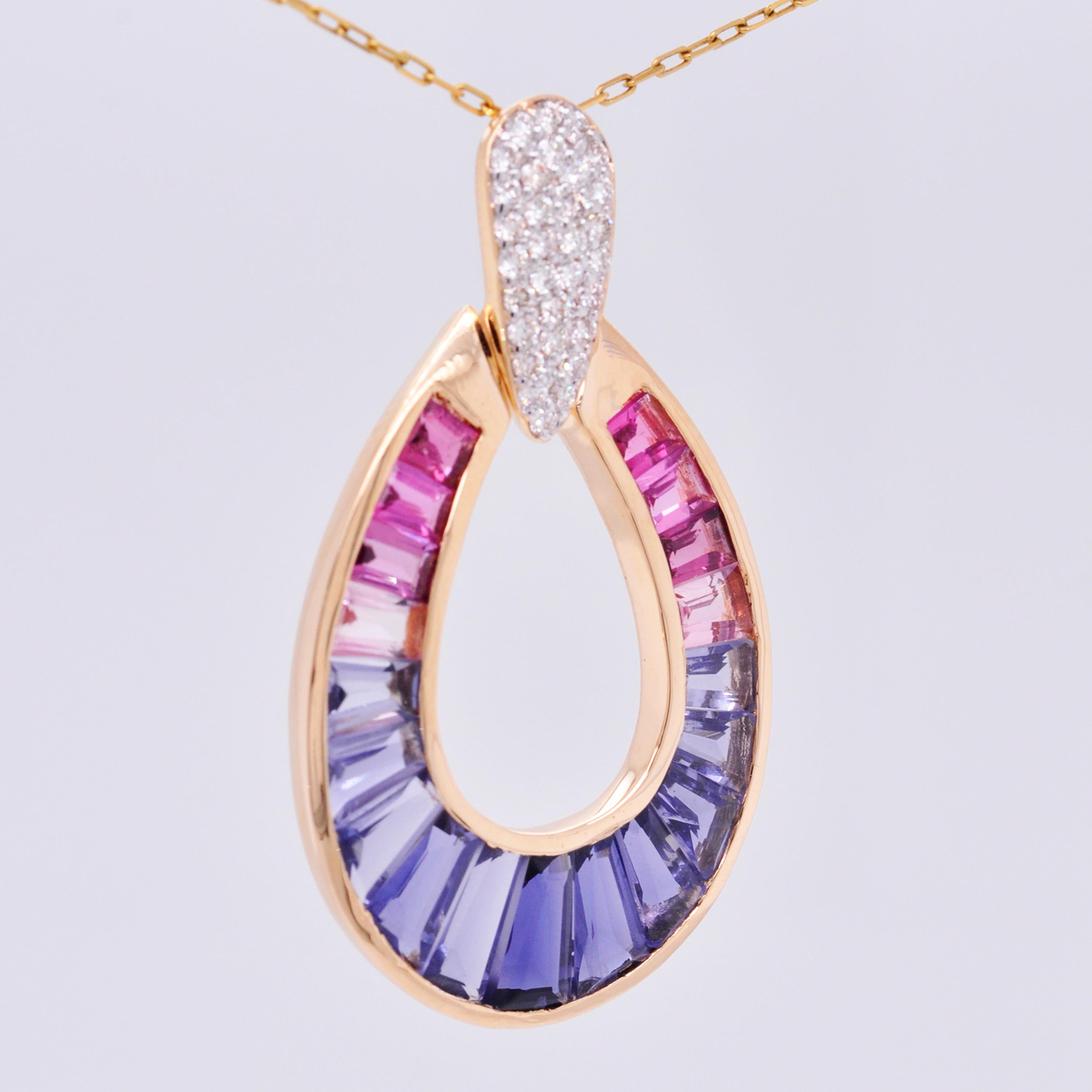 18K Gold Taper Baguette Iolite Pink Tourmaline Raindrop Diamond Pendant Necklace For Sale 2