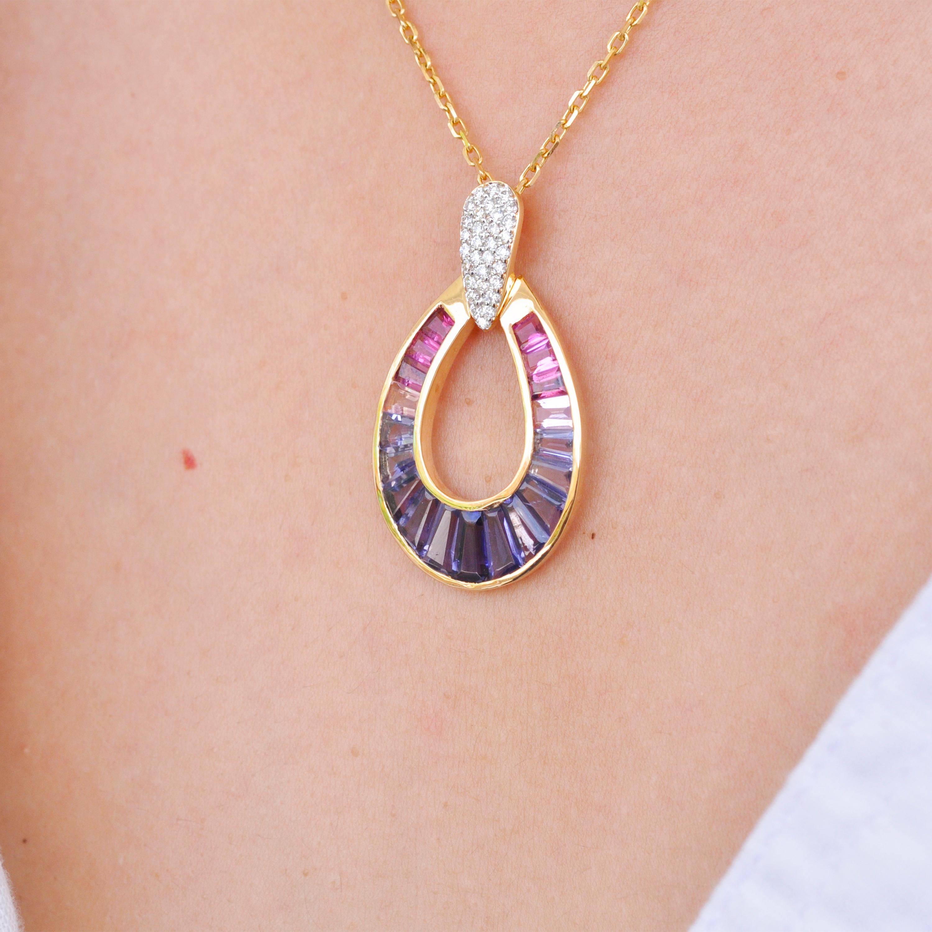 18K Gold Taper Baguette Iolite Pink Tourmaline Raindrop Diamond Pendant Necklace For Sale 3