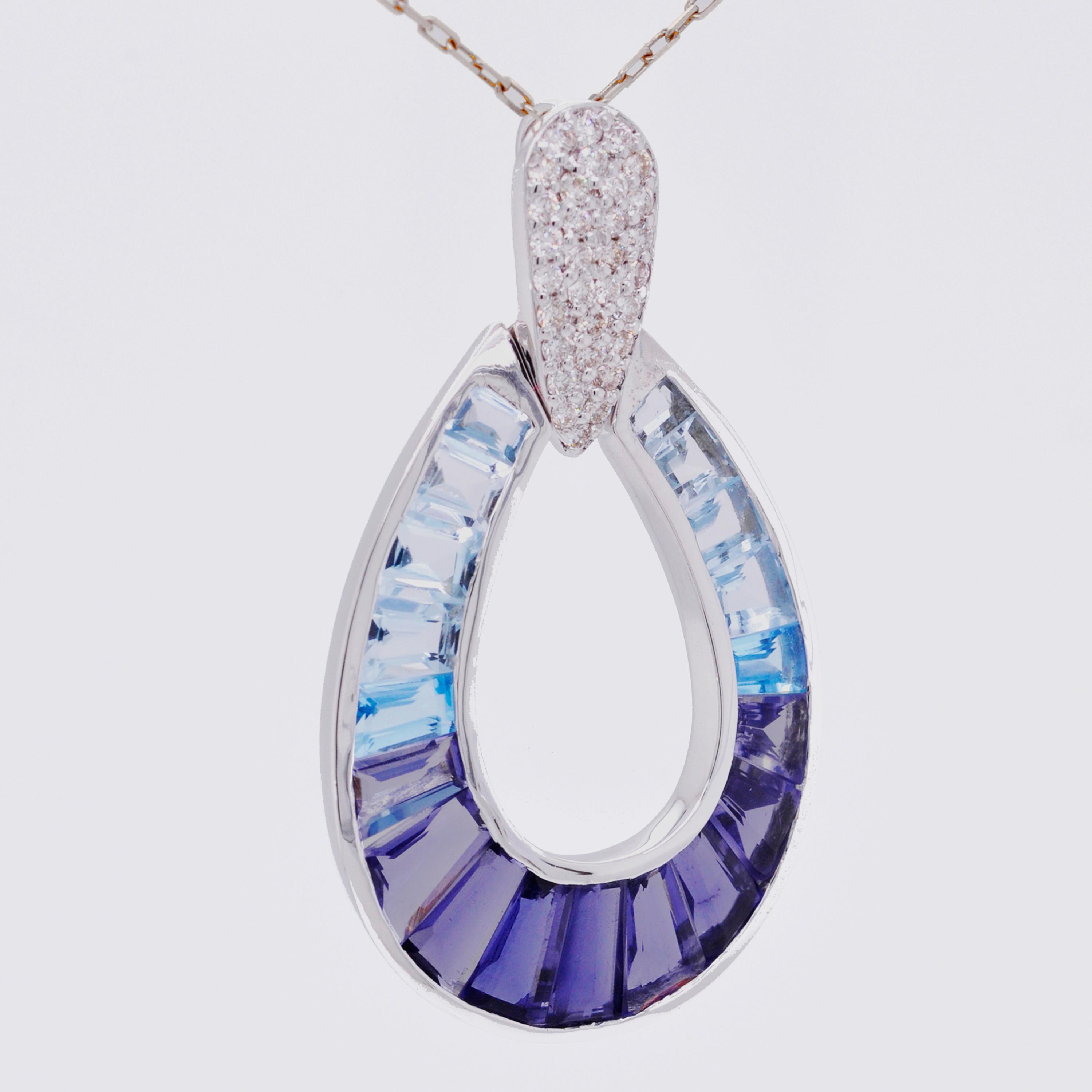 Collier pendentif en or 18 carats avec iolite baguette, topaze, goutte d'eau et diamants en vente 5