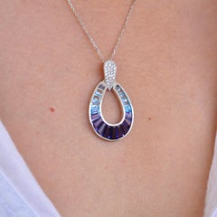 14 Karat Gold Taper Baguette Iolite Topaz Aqua Raindrop Diamond Pendant Necklace