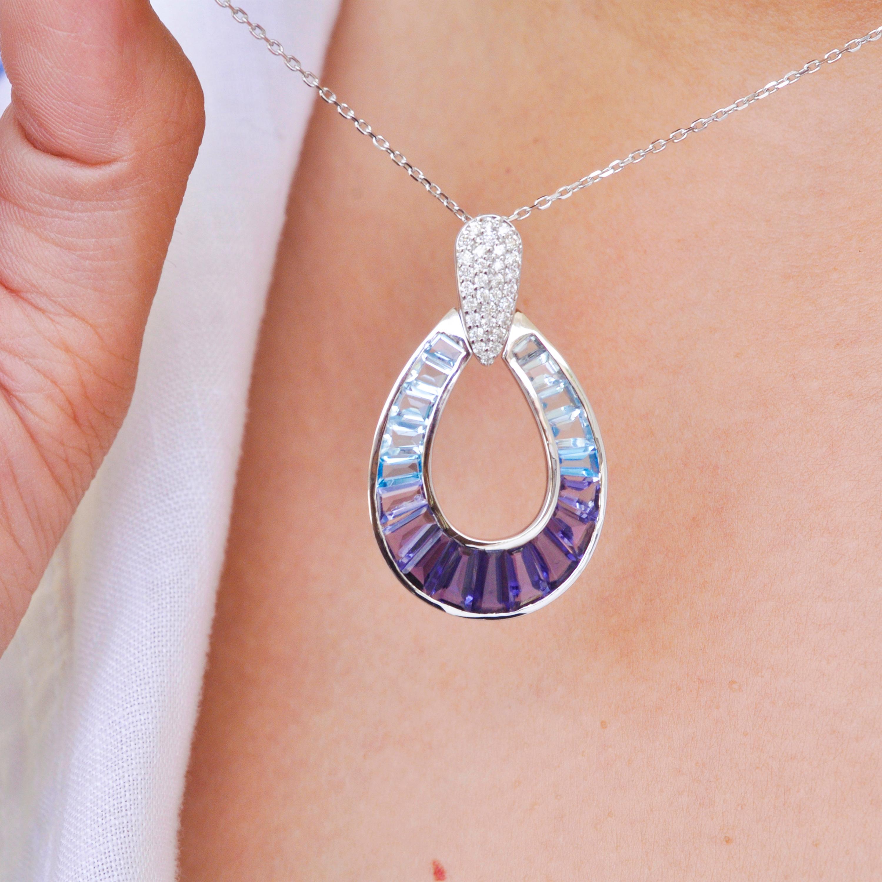 Art Deco 14 Karat Gold Taper Baguette Iolite Topaz Aqua Raindrop Diamond Pendant Necklace For Sale