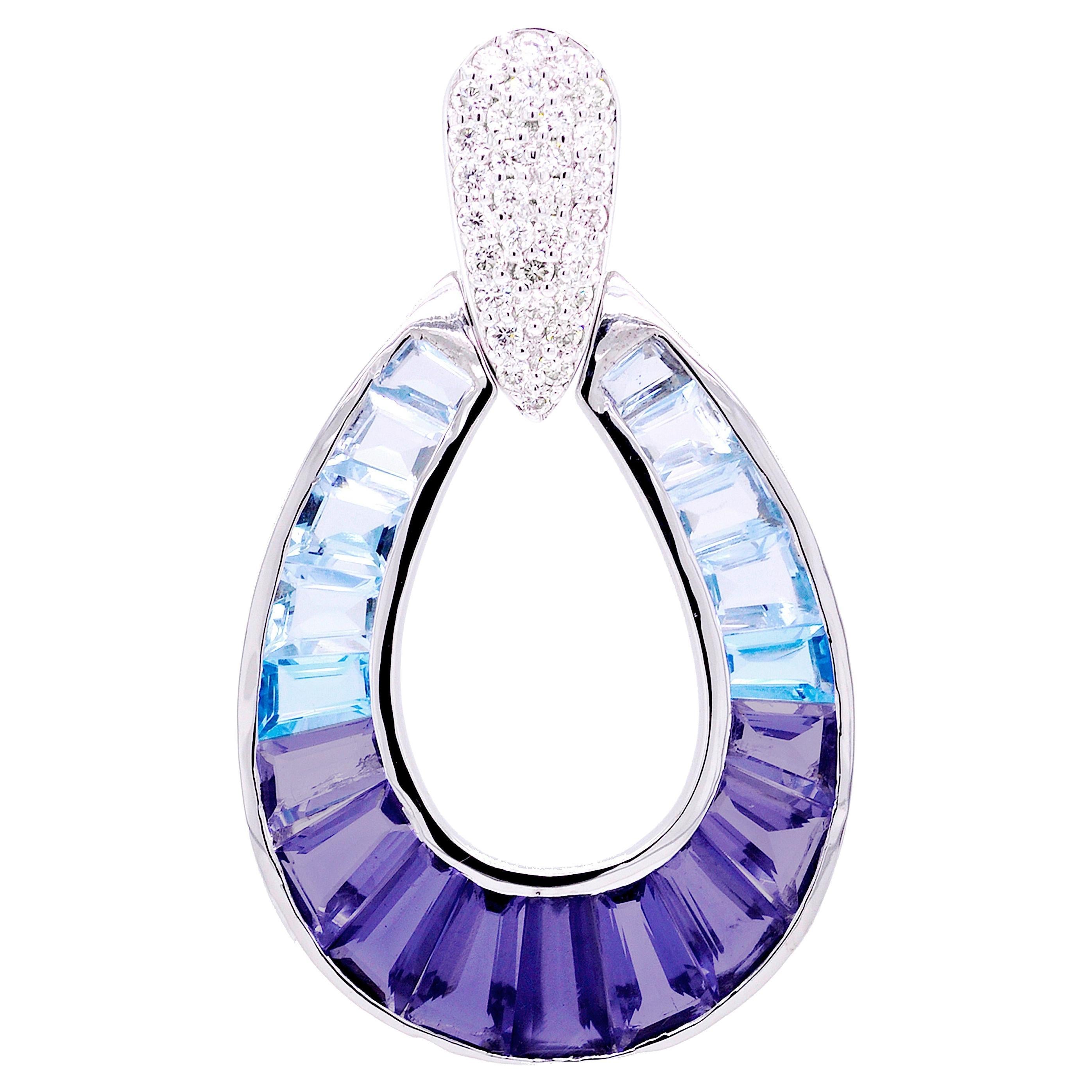 18K Gold Taper Baguette Iolite Topaz Aqua Raindrop Diamond Pendant Necklace For Sale