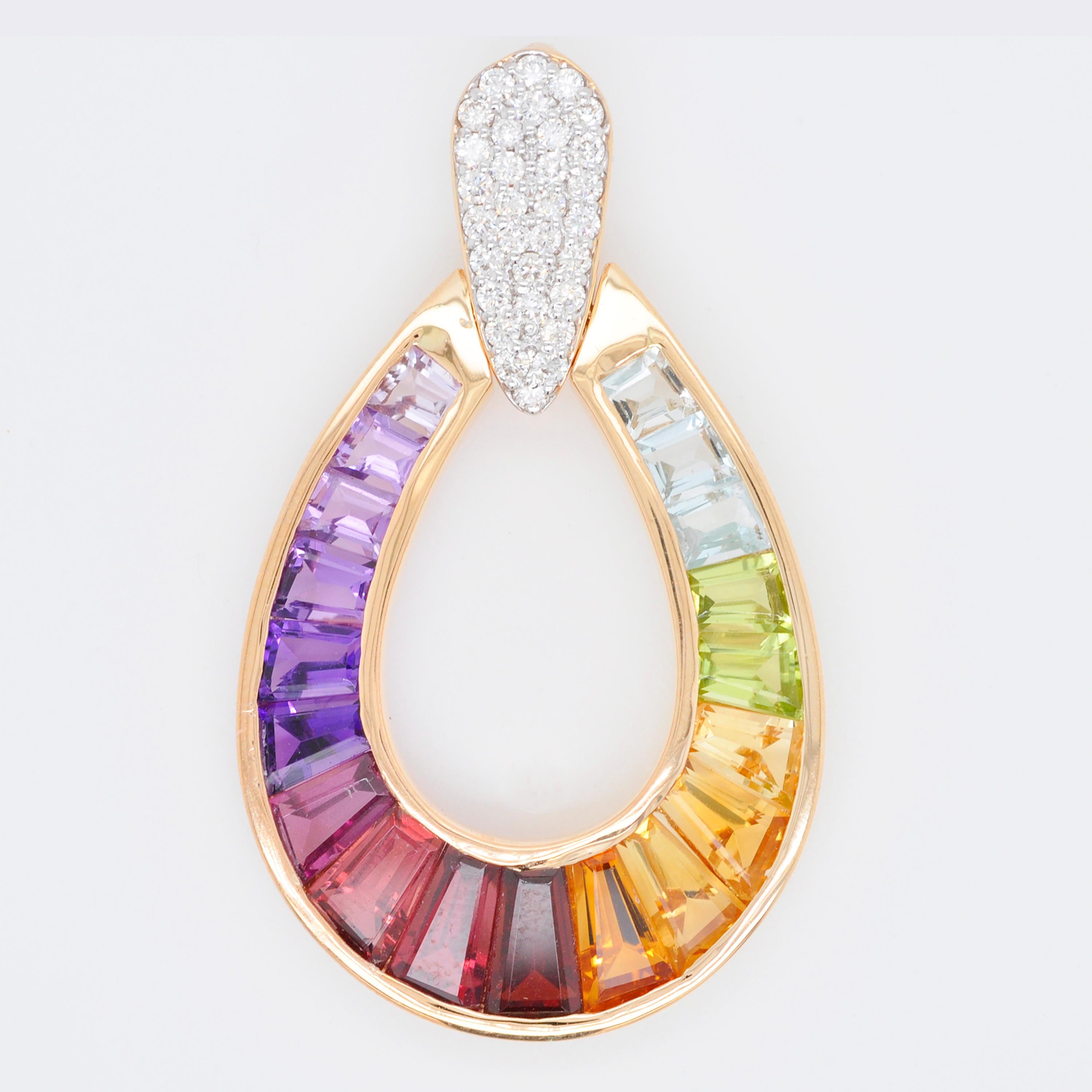 Collier pendentif en or 18 carats avec diamants baguettes multicolores en forme de goutte de pluie arc-en-ciel Pour femmes en vente