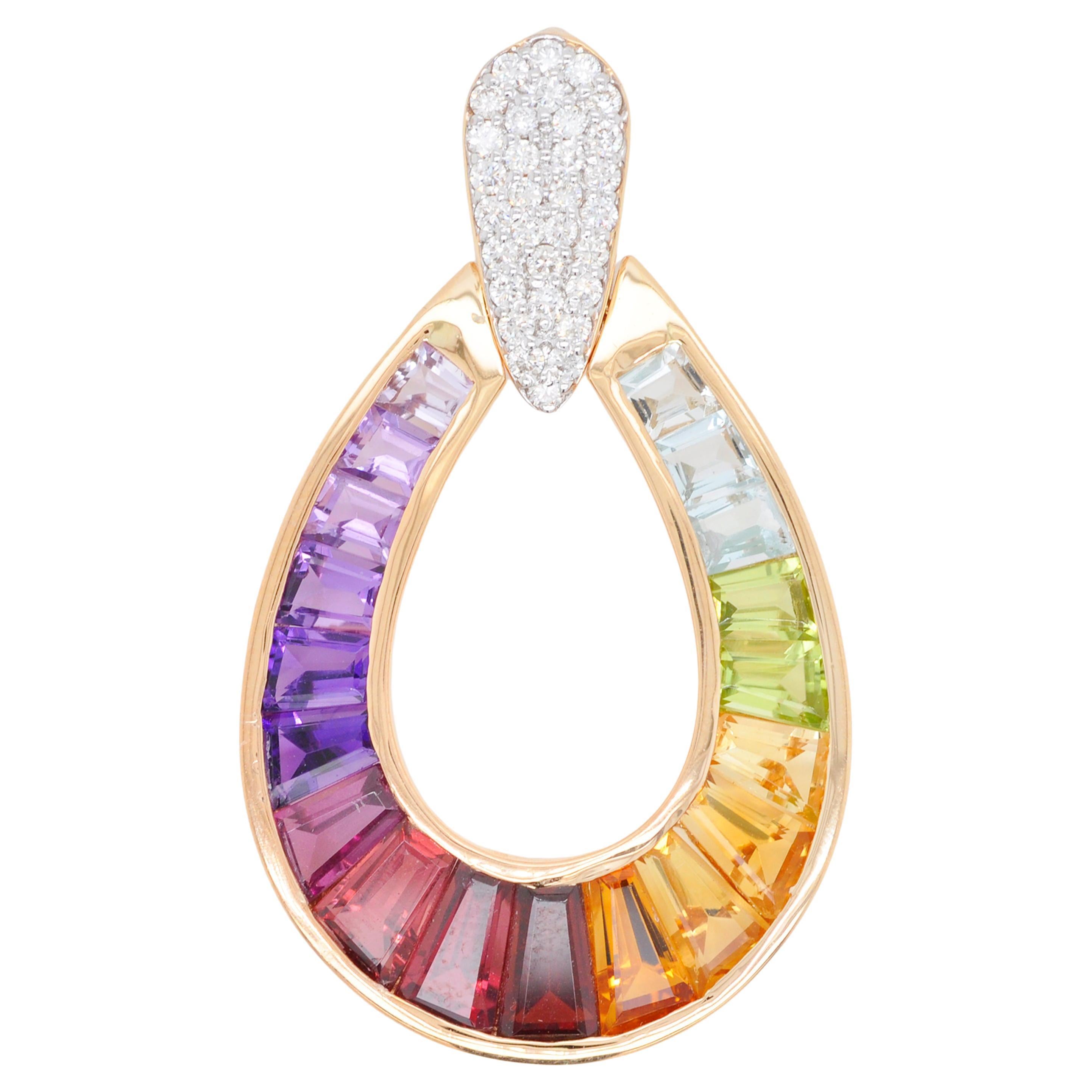 Collier pendentif en or 18 carats avec diamants baguettes multicolores en forme de goutte de pluie arc-en-ciel