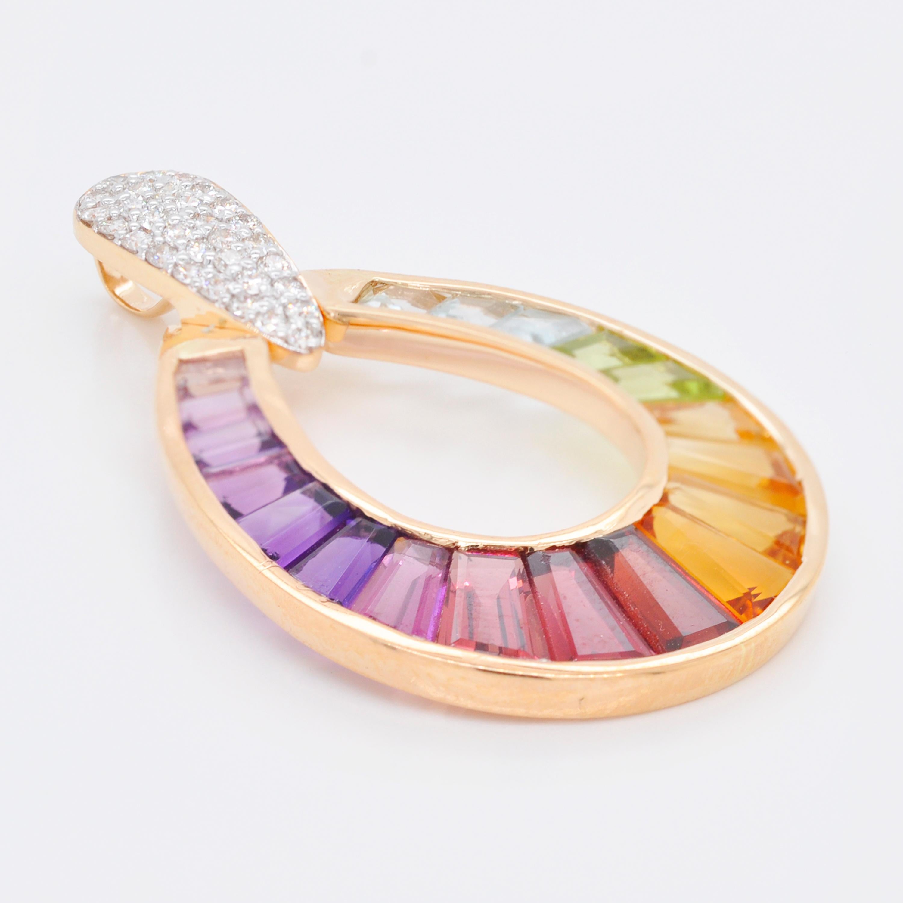 18K Gold Taper Baguette Multicolor Raindrop Rainbow Diamond Pendant Earrings Set For Sale 2