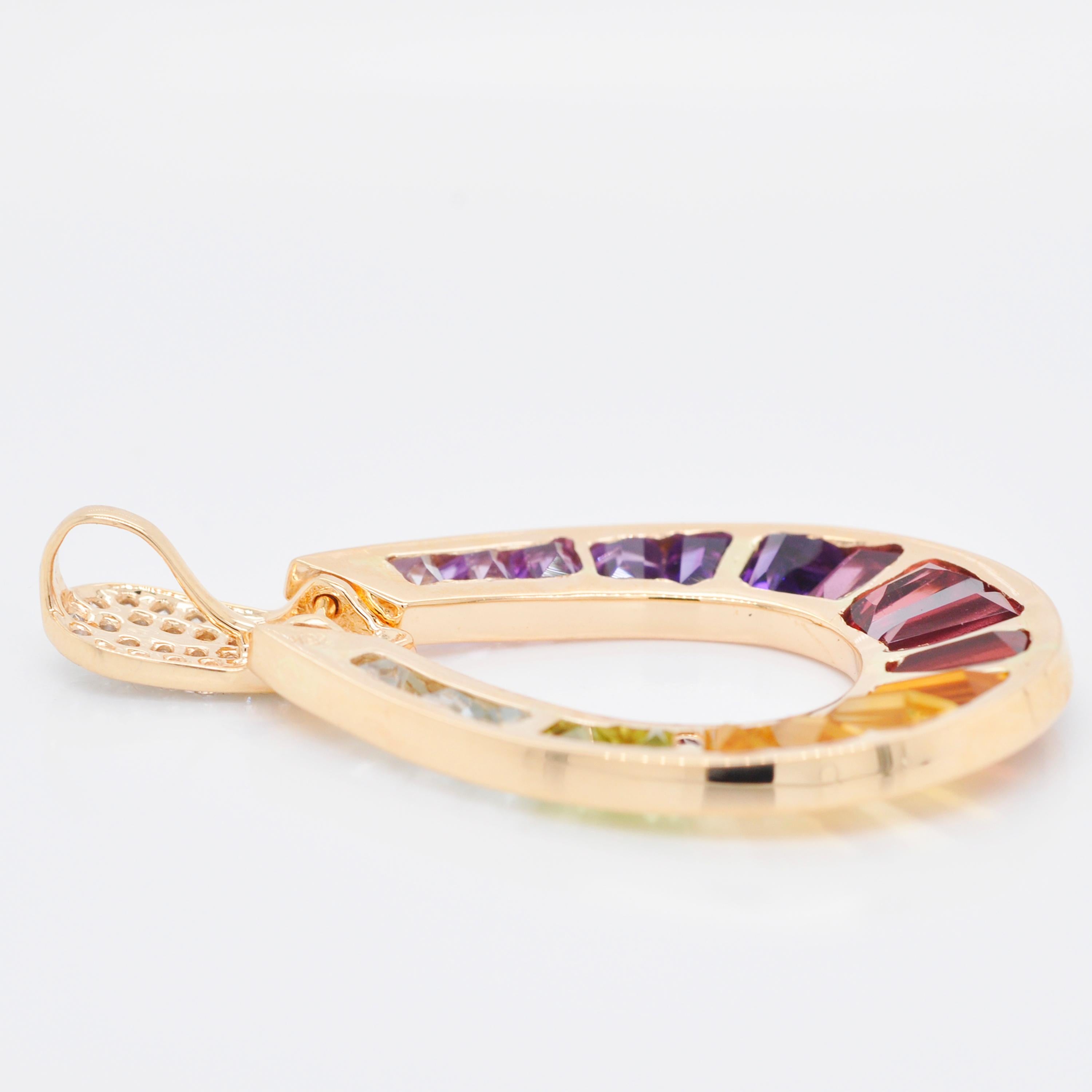 18K Gold Taper Baguette Multicolor Raindrop Rainbow Diamond Pendant Earrings Set For Sale 3