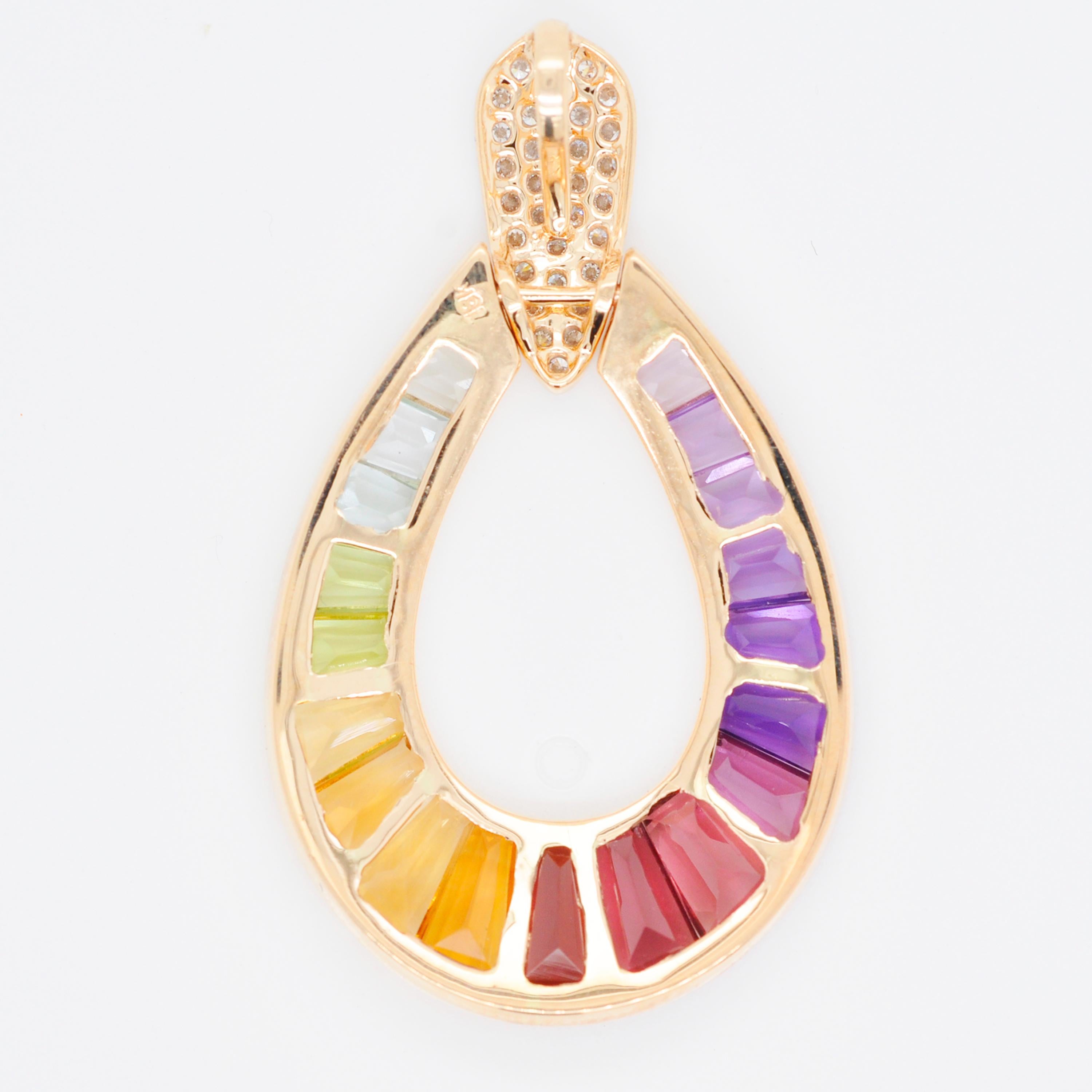 18K Gold Taper Baguette Multicolor Raindrop Rainbow Diamond Pendant Earrings Set For Sale 4
