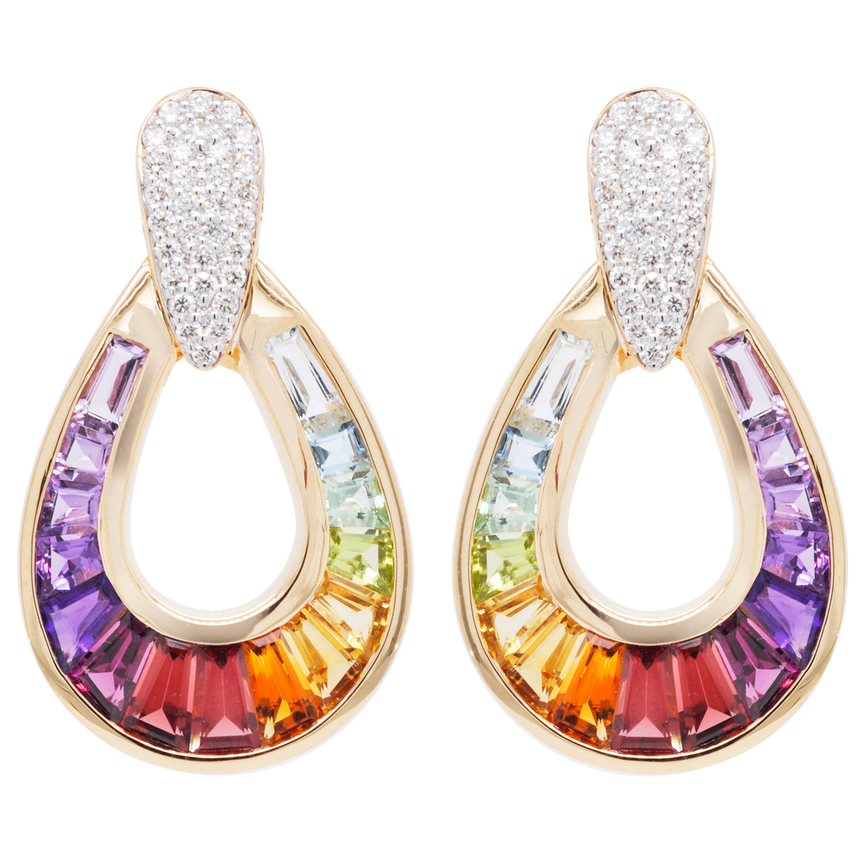 Set di orecchini con pendente in oro 14 carati con gemme baguette arcobaleno e diamante in vendita 9
