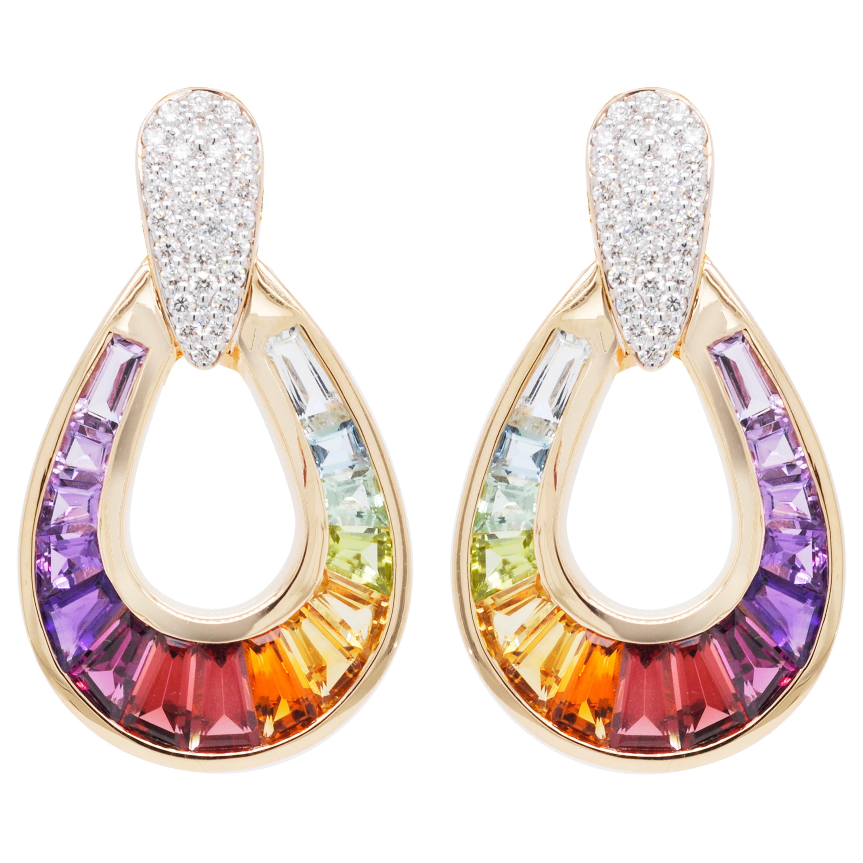 18K Gold Taper Baguette Multicolor Raindrop Rainbow Diamond Pendant Earrings Set For Sale 5