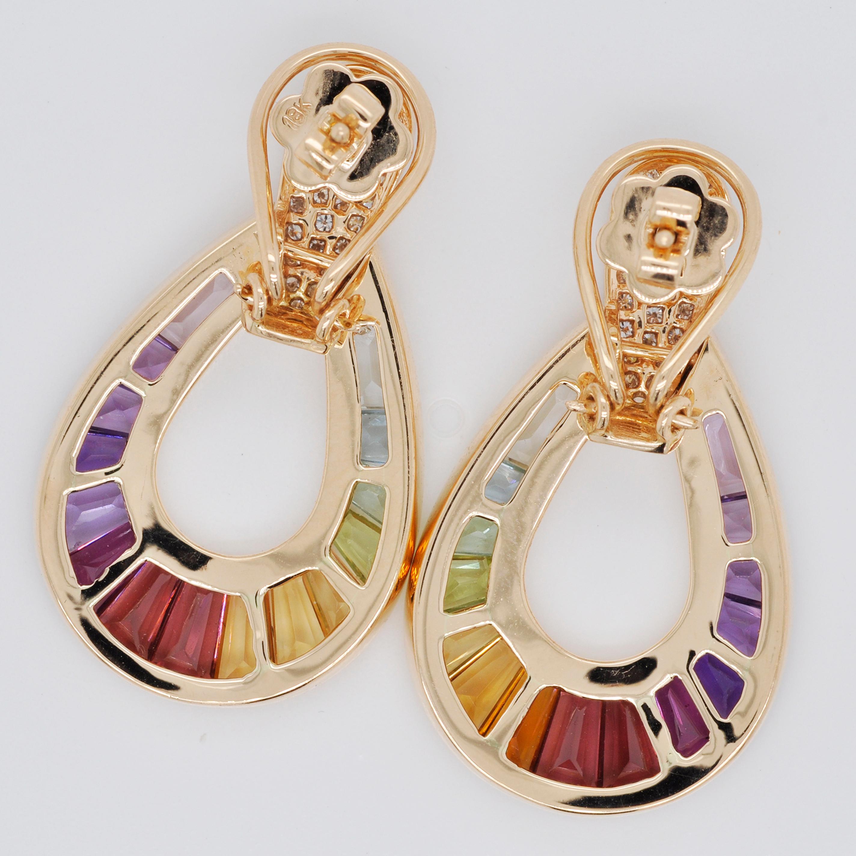18K Gold Taper Baguette Multicolor Raindrop Rainbow Diamond Pendant Earrings Set For Sale 6