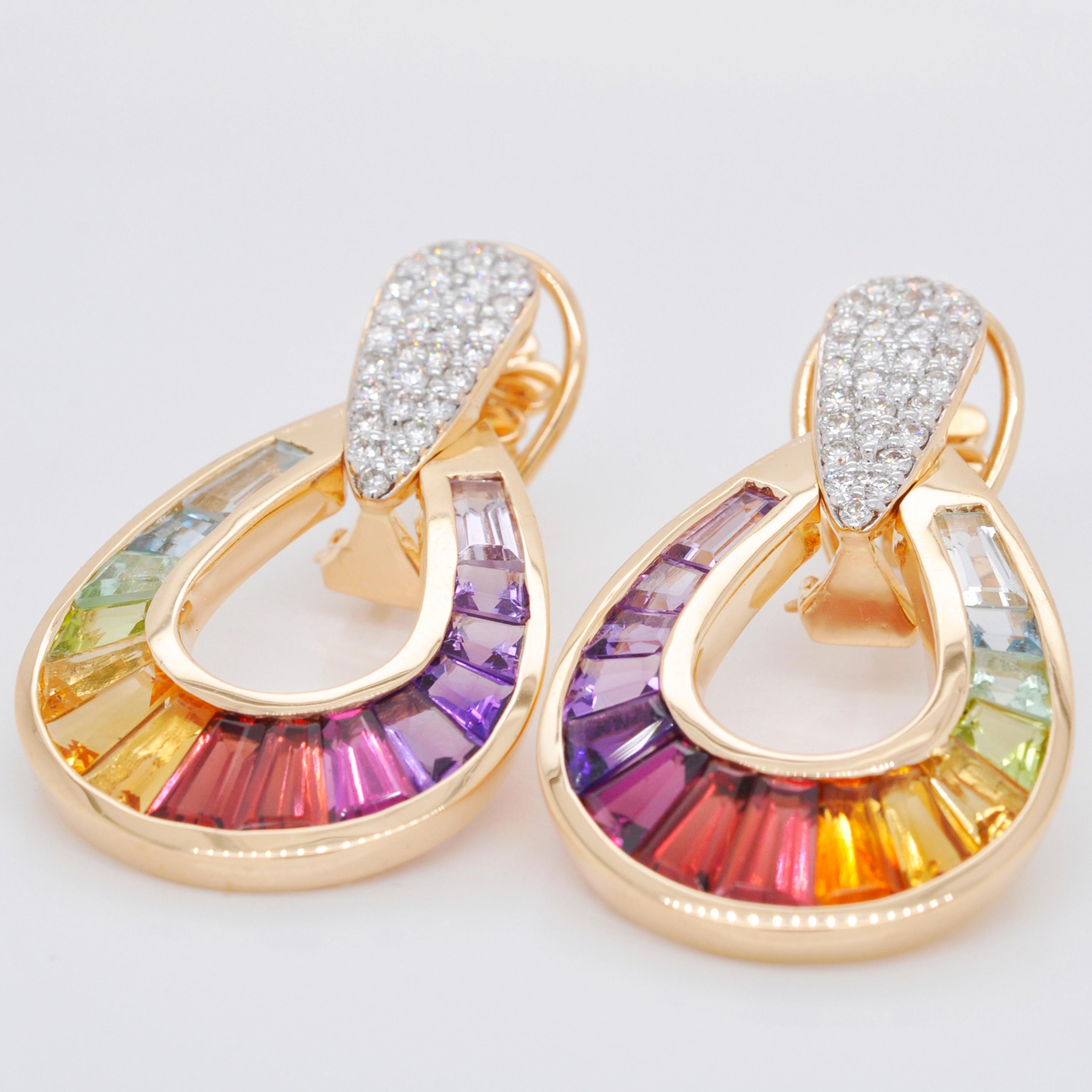 18K Gold Taper Baguette Multicolor Raindrop Rainbow Diamond Pendant Earrings Set For Sale 8