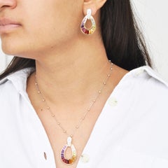 14K Gold Door-Knocker Rainbow Baguette Gemstones Diamond Pendant Earrings Set