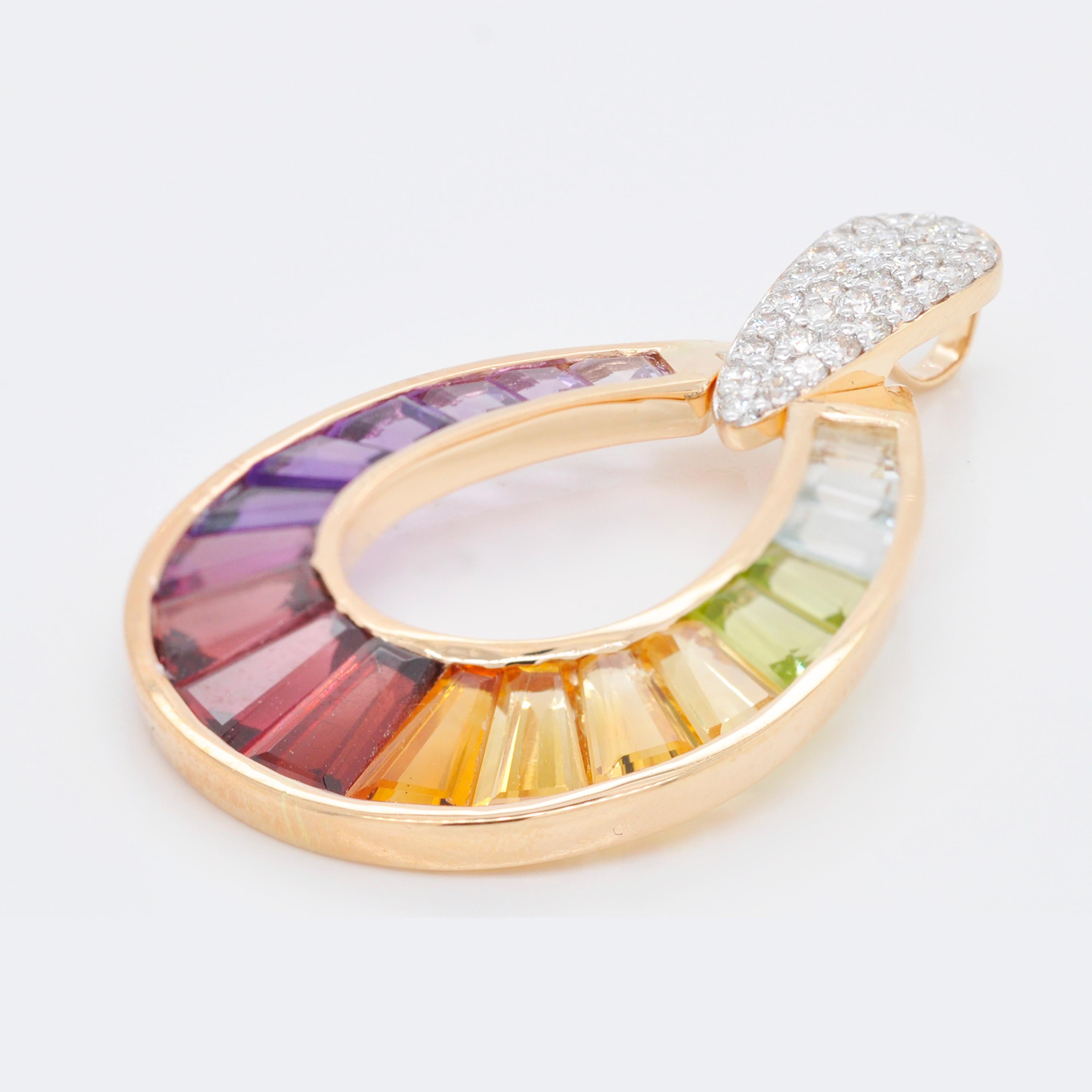 18K Gold Taper Baguette Multicolor Raindrop Rainbow Diamond Pendant Earrings Set For Sale 1