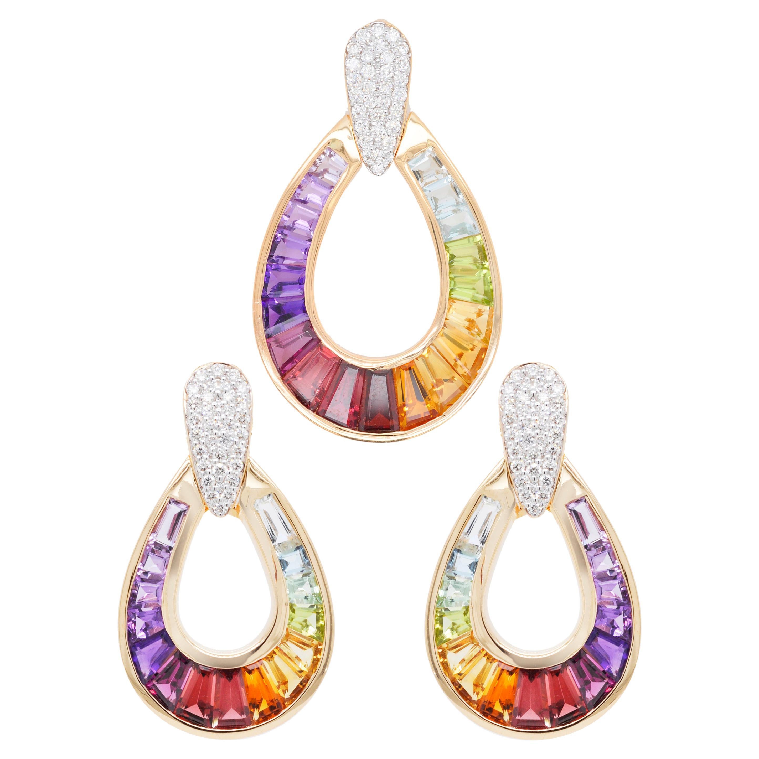 18K Gold Taper Baguette Multicolor Raindrop Rainbow Diamond Pendant Earrings Set For Sale
