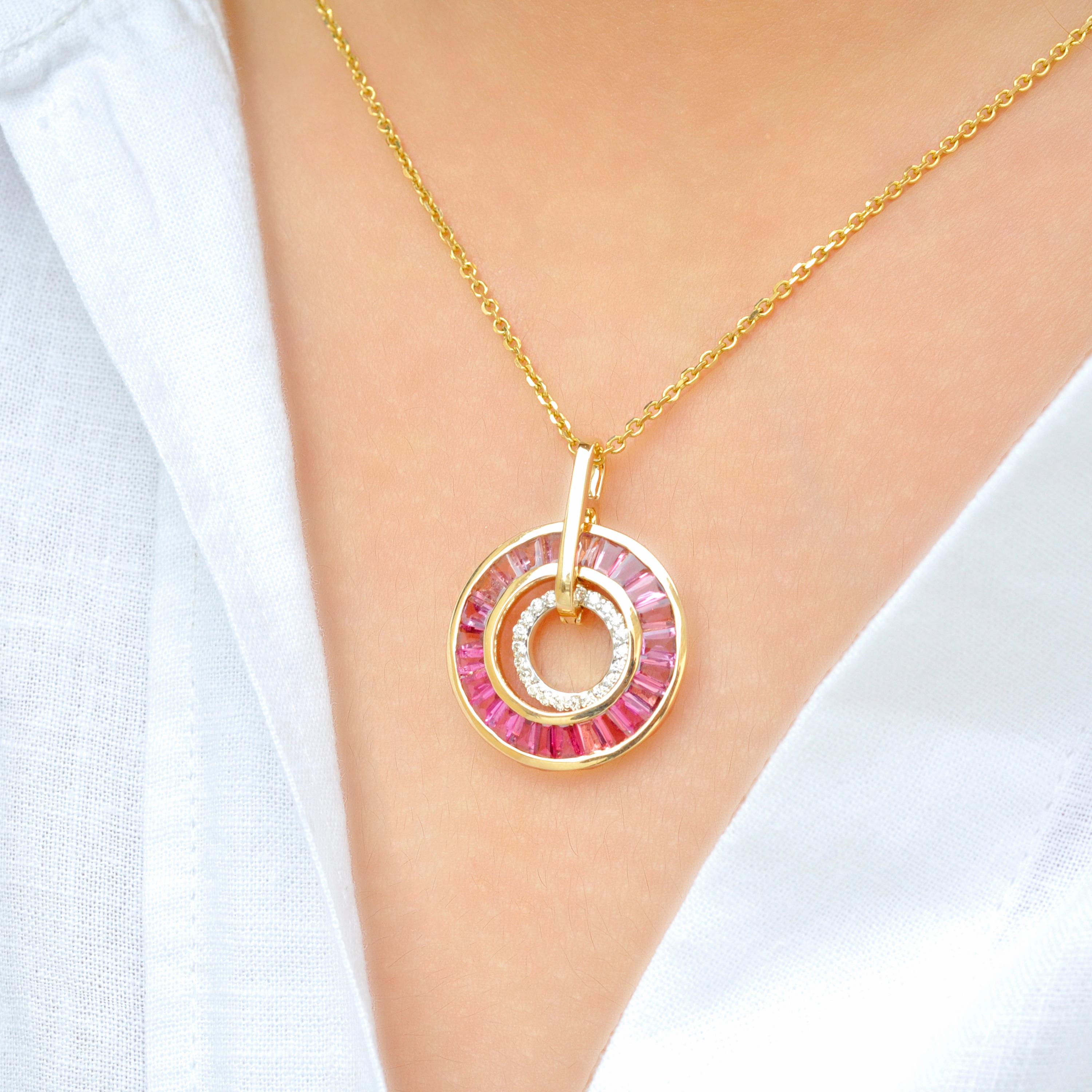 Tapered Baguette 18K Gold Taper Baguette Pink Tourmaline Diamond Circle Art Deco Pendant Necklace For Sale