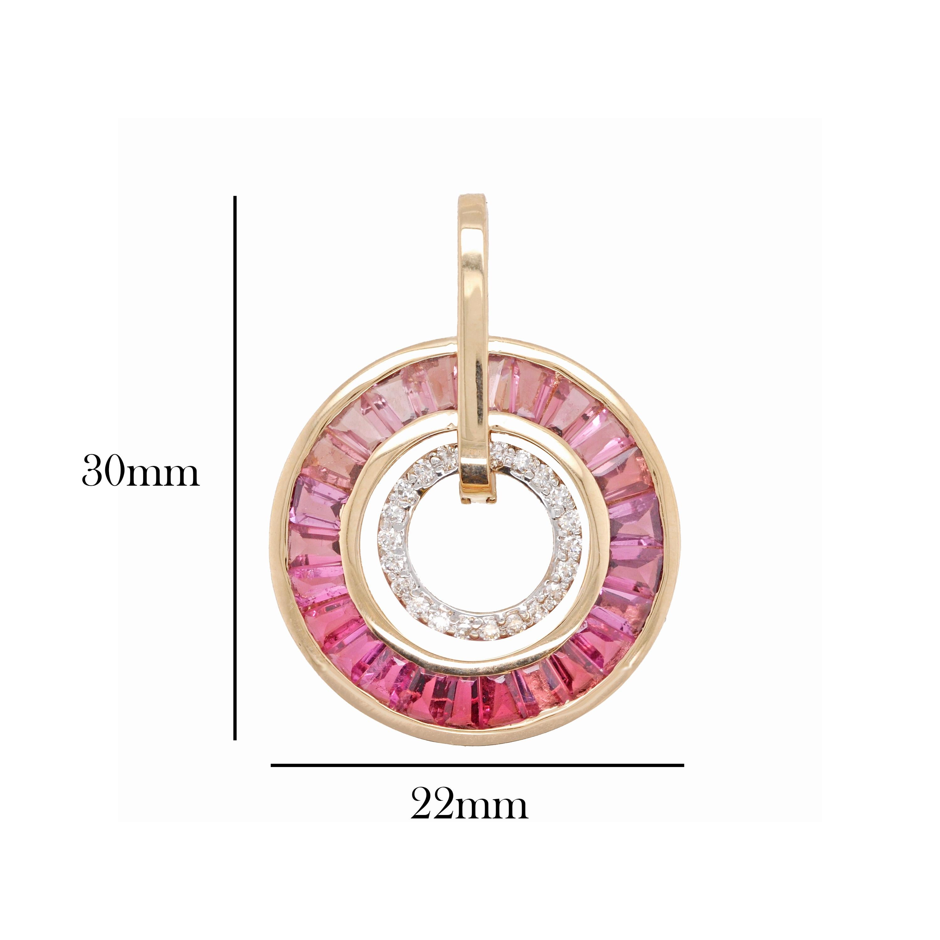 Collar Colgante Art Decó Círculo Diamante Turmalina Rosa Baguette Oro 18K Baguette cónica en venta