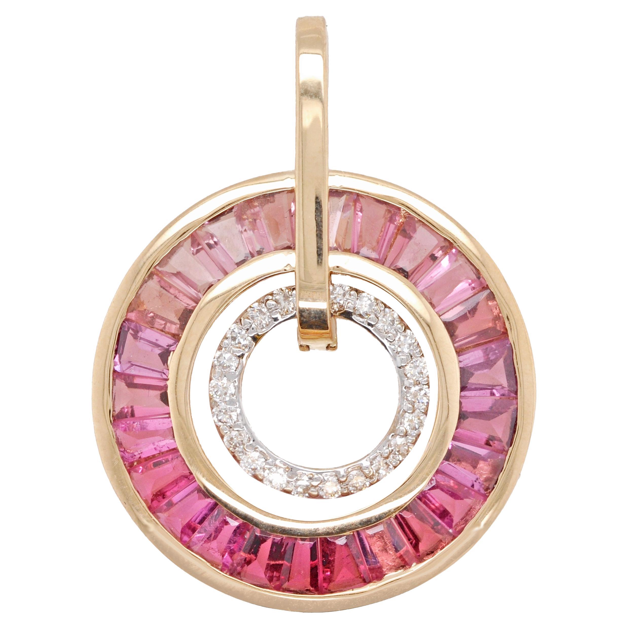 18K Gold Taper Baguette Pink Tourmaline Diamond Circle Art Deco Pendant Necklace For Sale