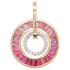 18K Gold Taper Baguette Pink Tourmaline Diamond Circle Art Deco Pendant Necklace