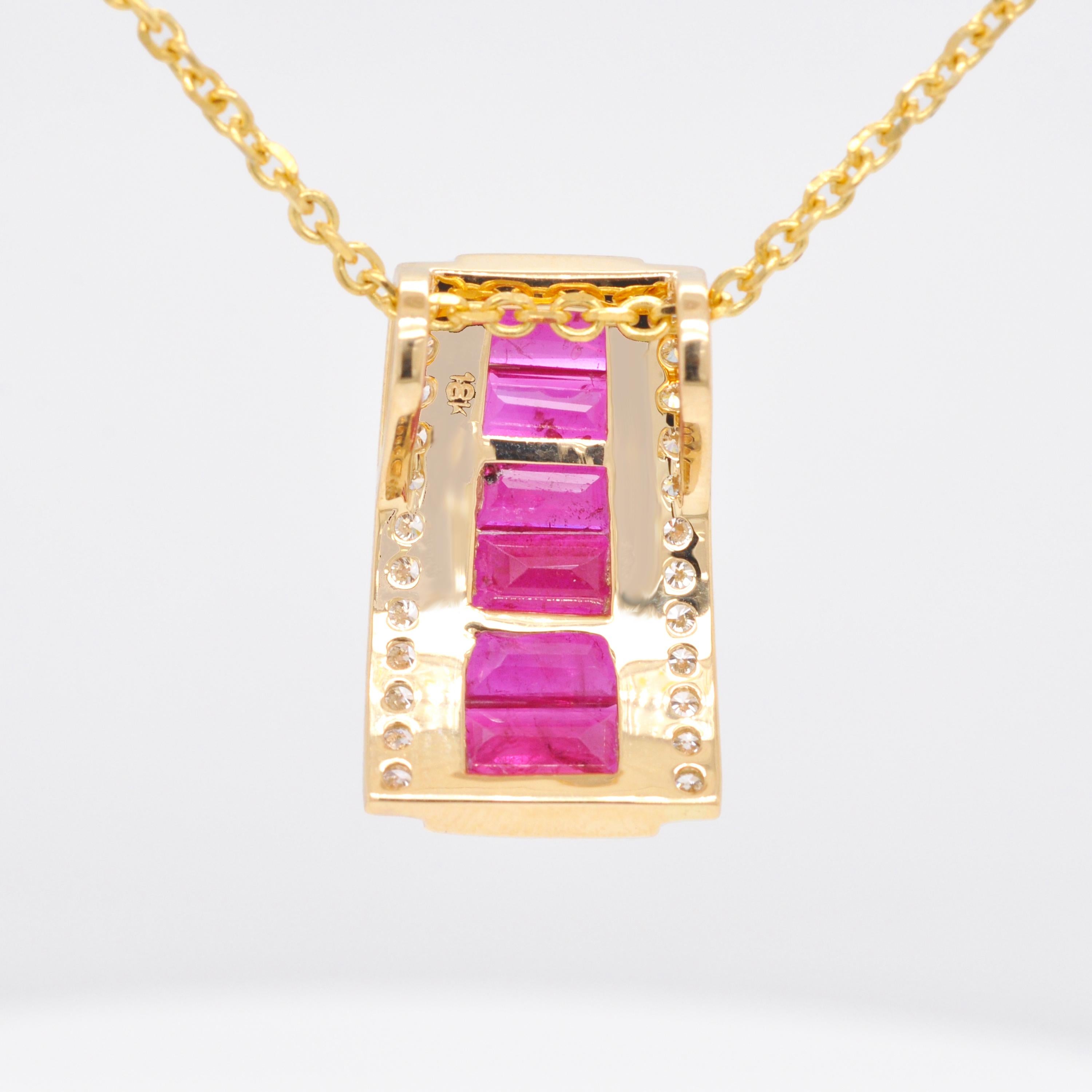Women's 18K Gold Taper Baguette Ruby Art Deco Pyramid Diamond Pendant Necklace For Sale